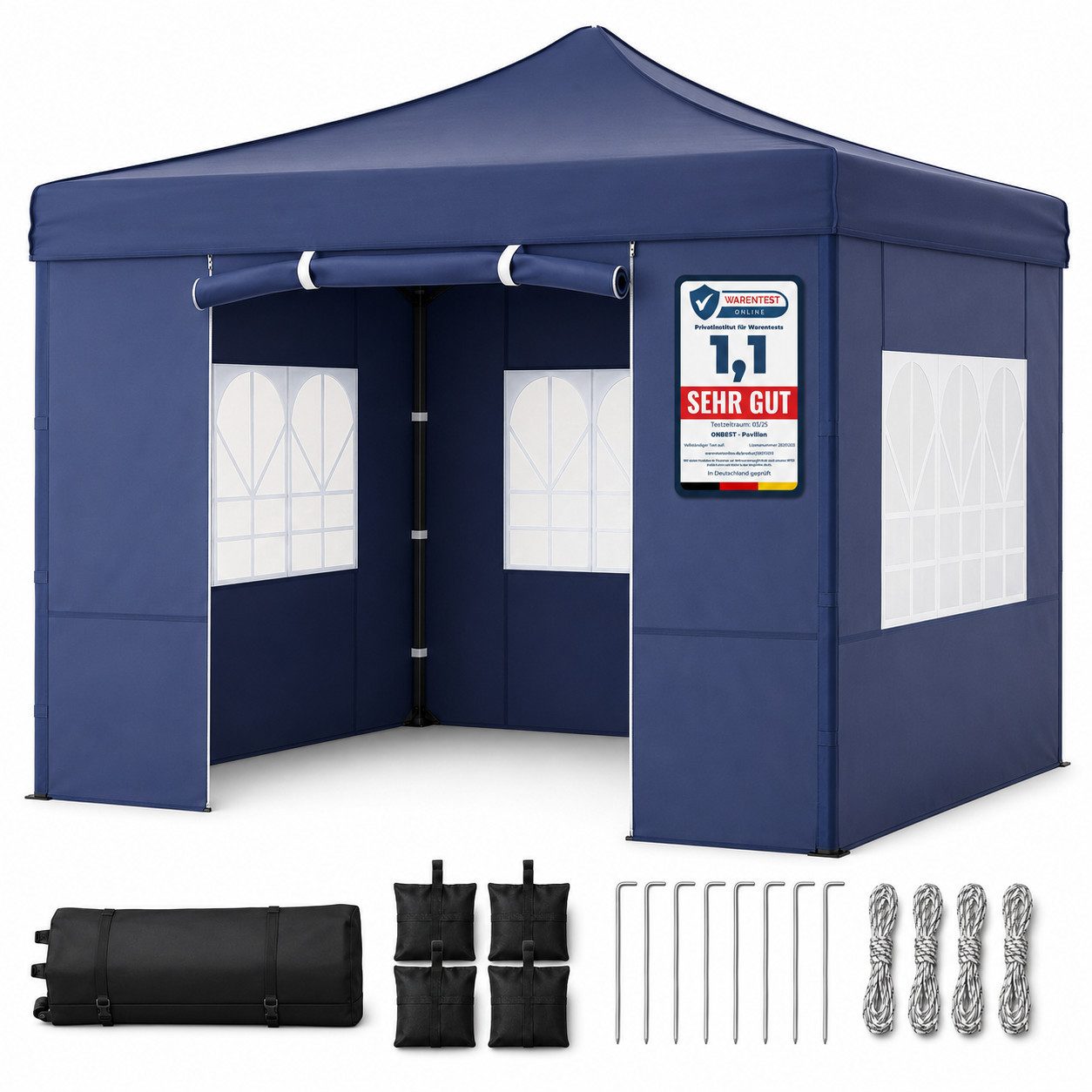 Onbest Pavillon Partyzelt Faltzelt Premium 3x3 Pop-Up mit viel Zubehör, mit 4 Seitenteilen, 420 PU Silver Coated Oxford, wasserdicht, UV 50+