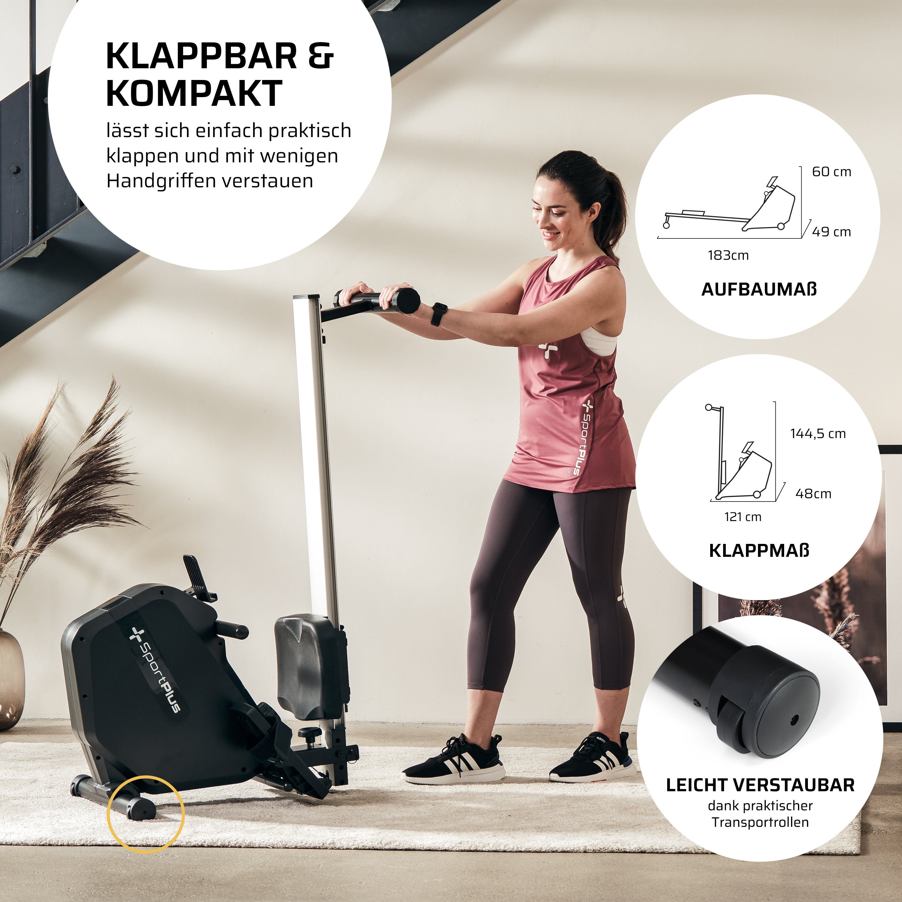 SportPlus Rudergerät SP-MR-1100, Rudergerät für Zuhause, klappbar, kleiner Trainingscomputer