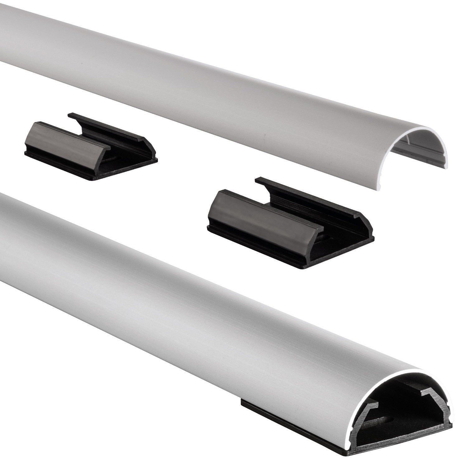 Hama Kabelkanal ALU Kabelkanal Kabel-Leiste Fußbodenkanal Silber (Set, Kabelkanal mit Zubehör), Kabelkanal halbrund Sockel Wand Boden Aufputz TV Beamer PC Audio HiFi