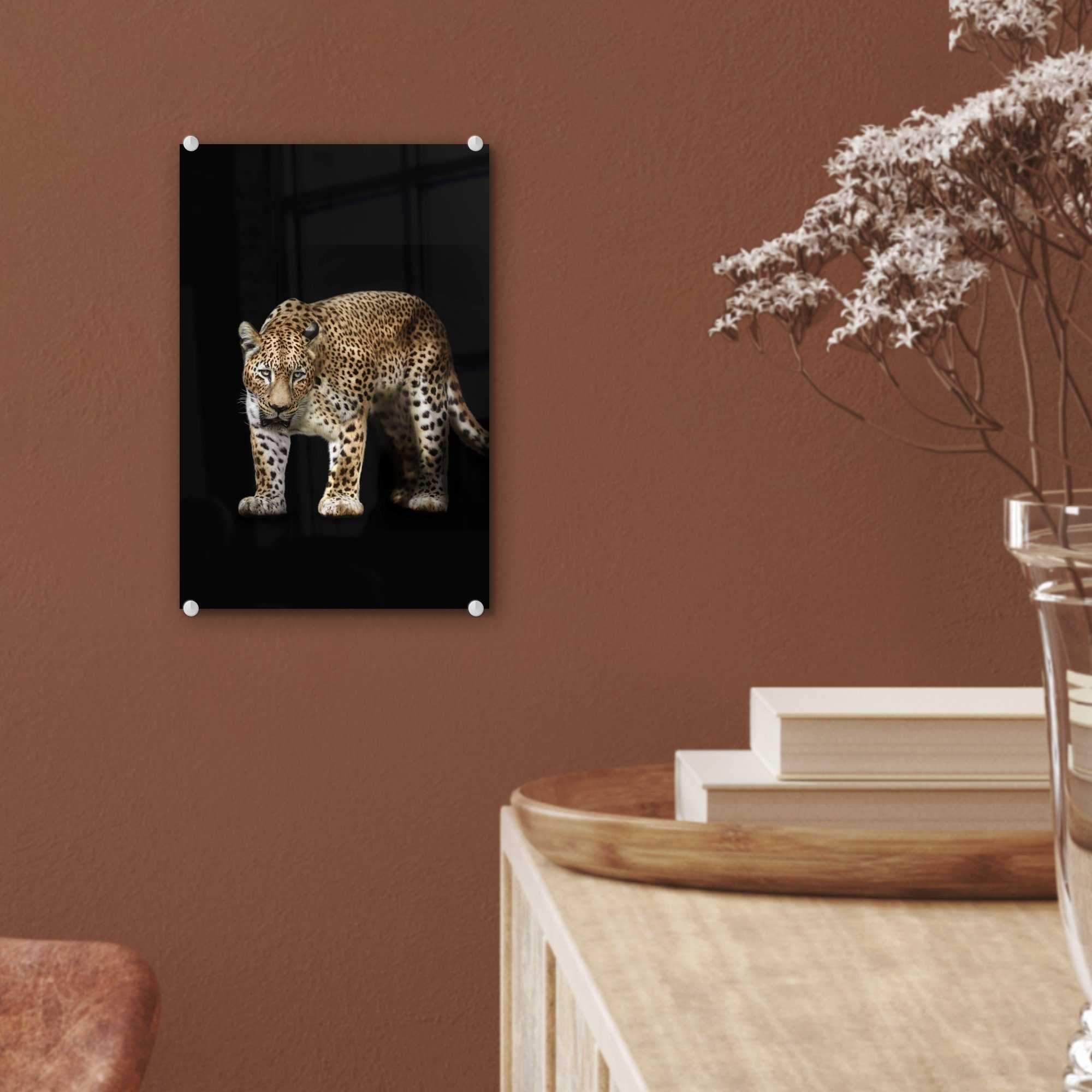 (1 Leopard Glasbilder Glas auf Wandbild - - Schwarz Acrylglasbild Glas Tiere, auf St), Foto MuchoWow Bilder - - Wanddekoration -