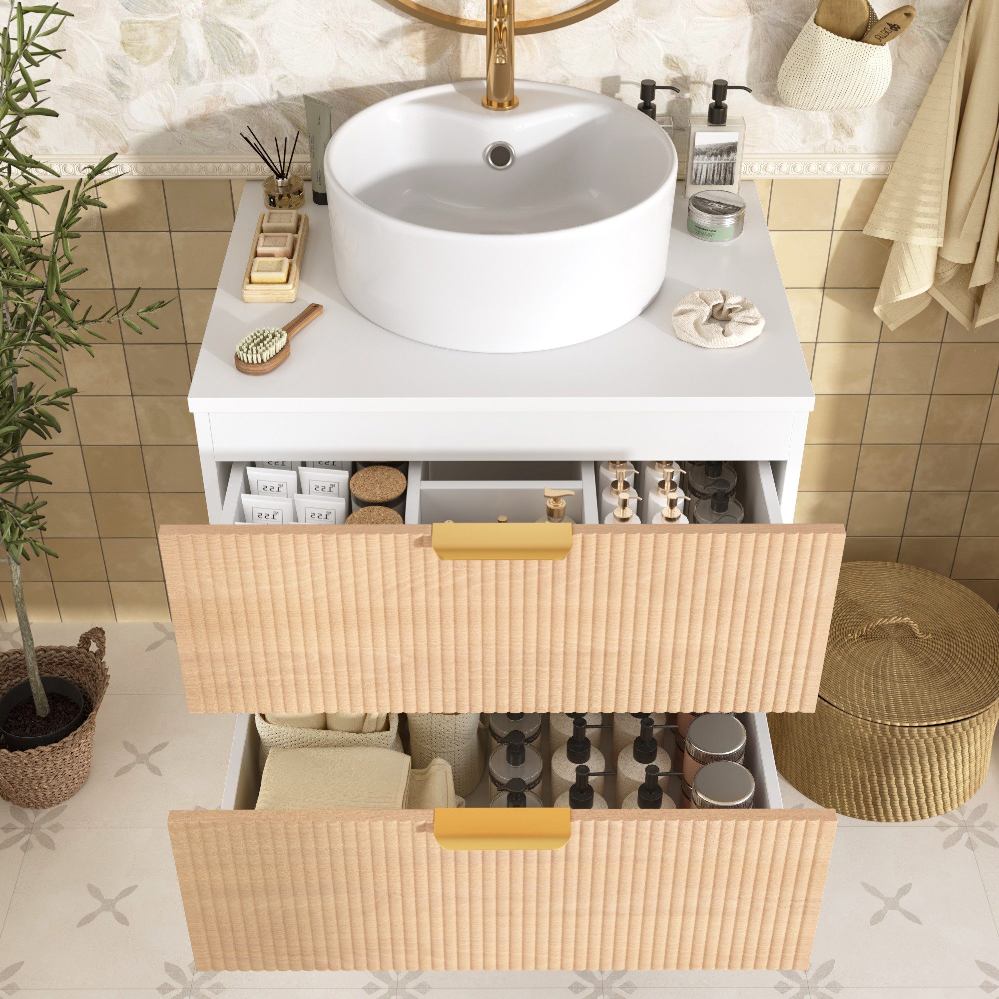 Flieks Waschtisch Badzimmerschrank mit 2 Schubladen in Holzoptik & runder Waschbecken (B60/T45/H60 cm, 1-St., wandhängend), Waschbeckenunterschrank mit Aufsatzbecken Badmöbel-Set