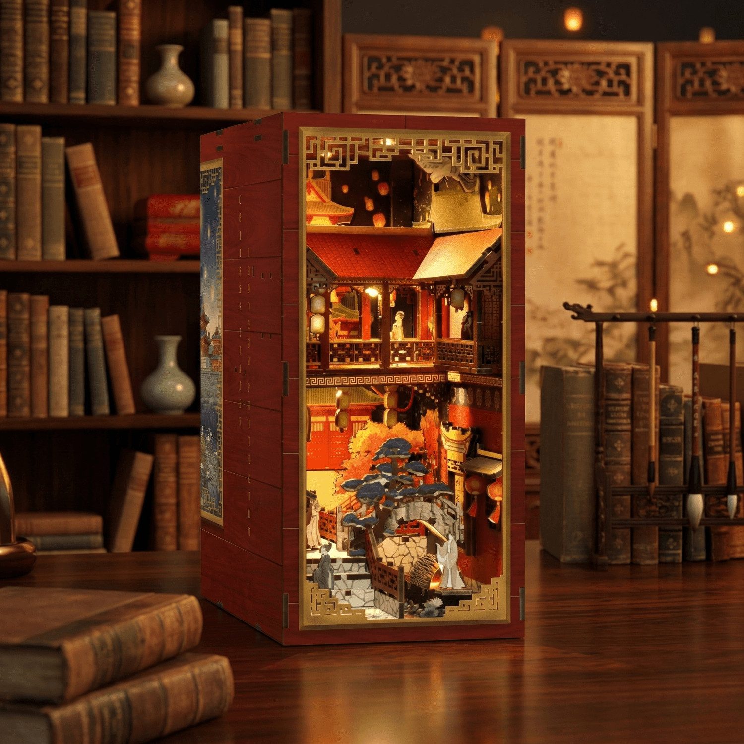 MagicHolz Buchstütze Chinese Golden Latern Pavillon Diorama aus Holz, mit LED-Beleuchtung