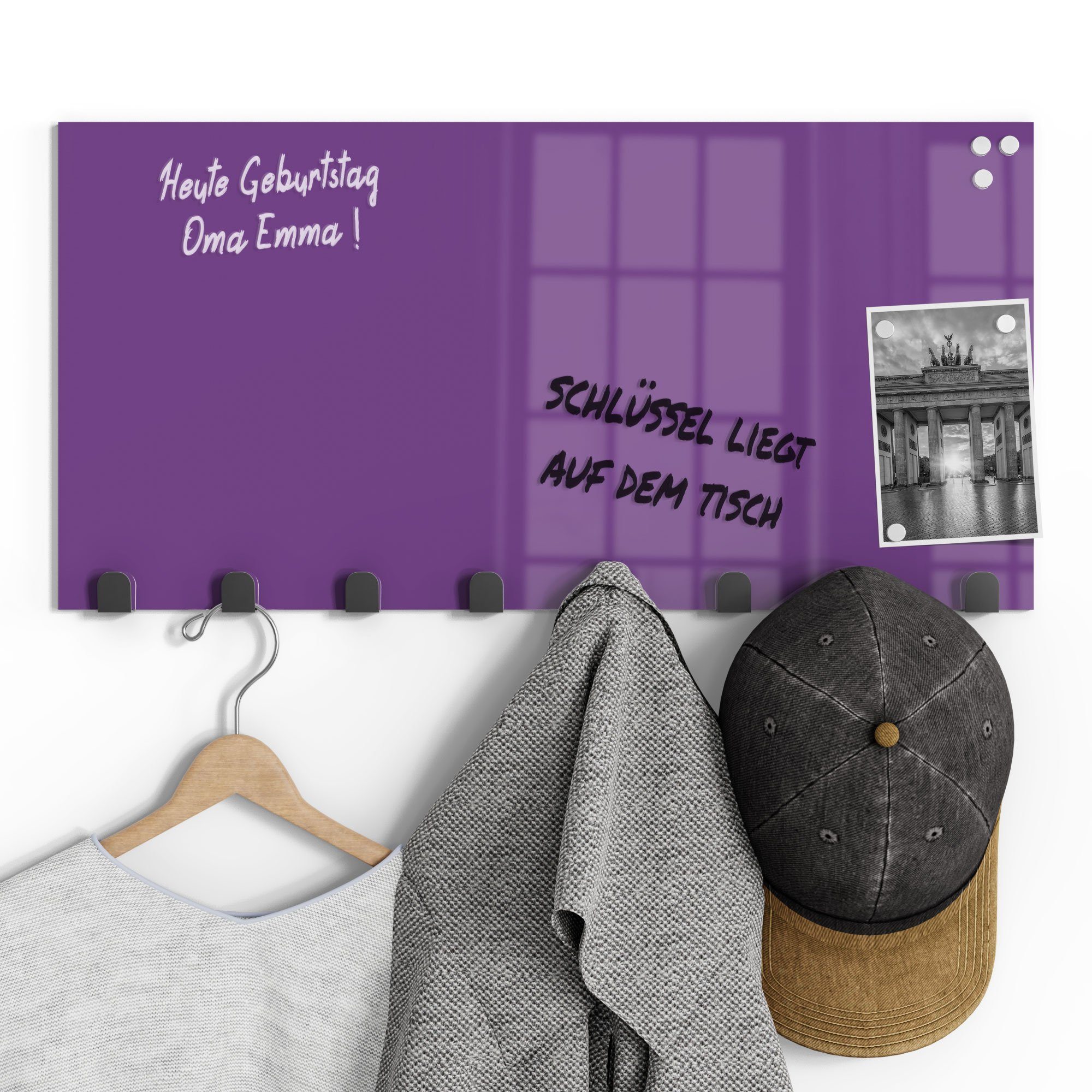 'Unifarben Violett', DEQORI Garderobe Kleiderhaken beschreibbar - Glas magnetisch Paneel