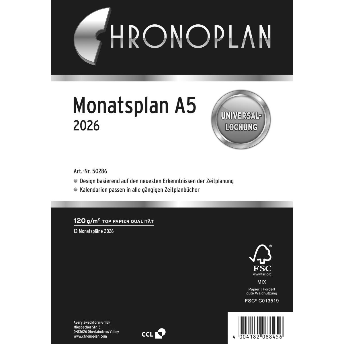CHRONOPLAN Terminplaner Monatsplan A5 Kalendarium 2026.