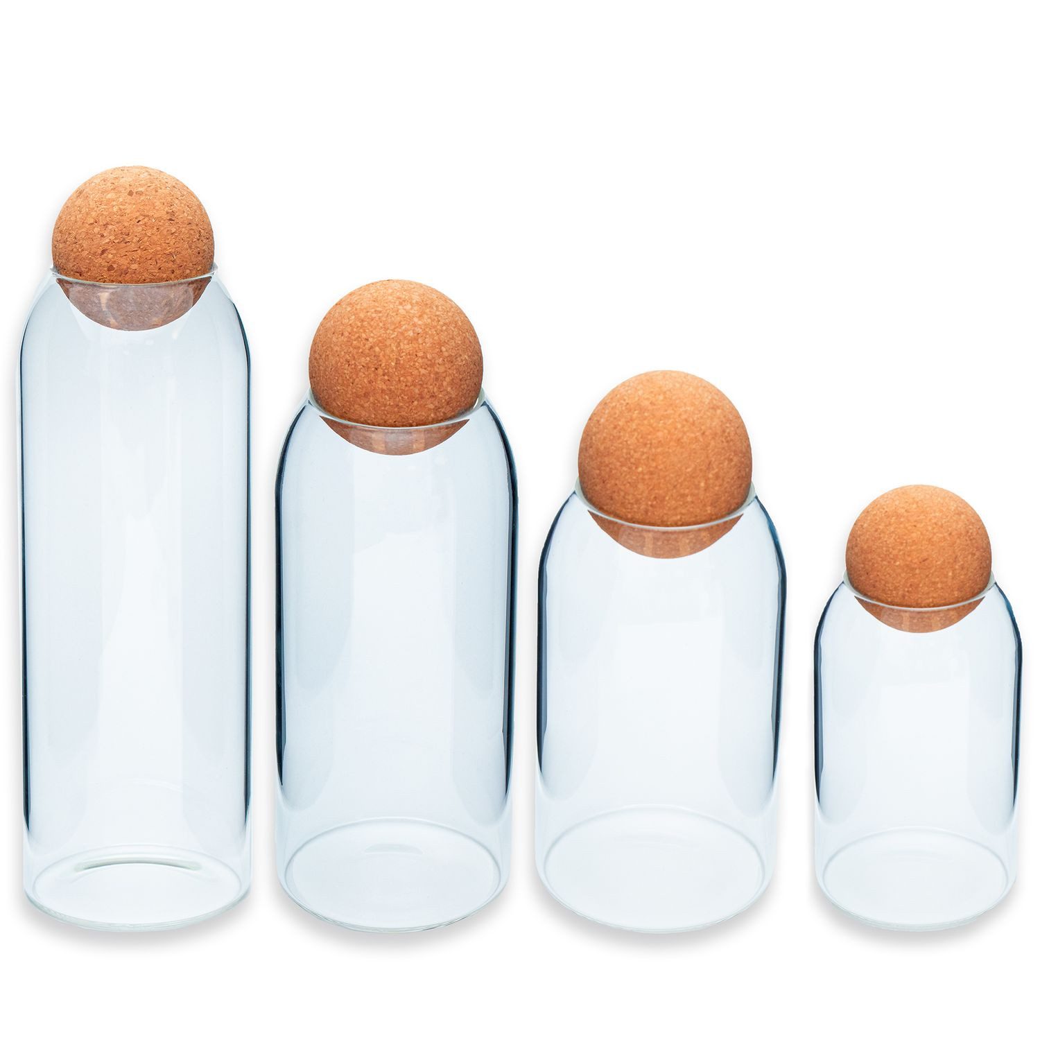 Intirilife Vorratsglas, Glas, (Set, 4-tlg., 4-teiliges Set), Aufbewahrungsbehälter Set aus Glas mit Kork-Kugel (4-teiliges Set)