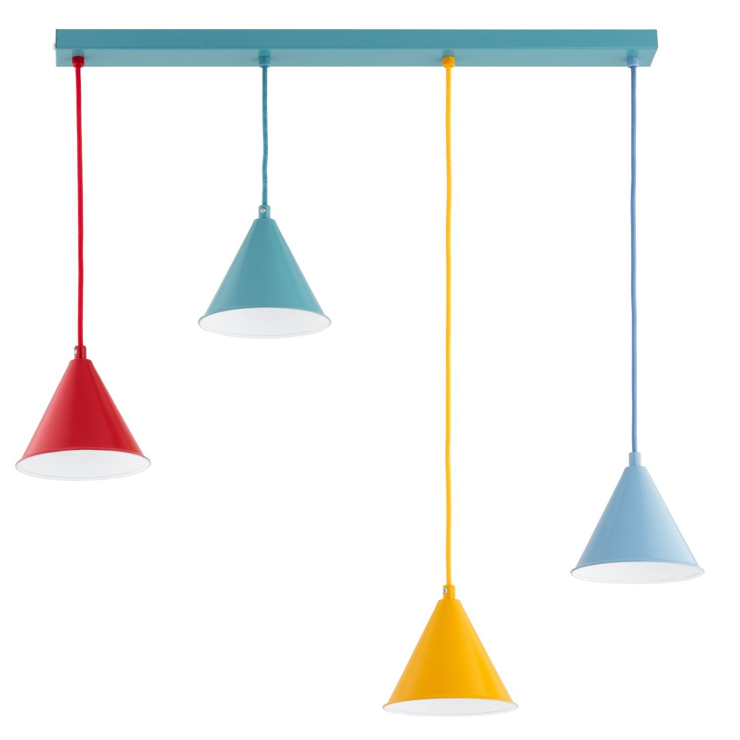 Licht-Erlebnisse Pendelleuchte GALAMA, ohne Leuchtmittel, Metall E14 H: max. 75 cm Blau Gelb Rot 4-flammig länglich