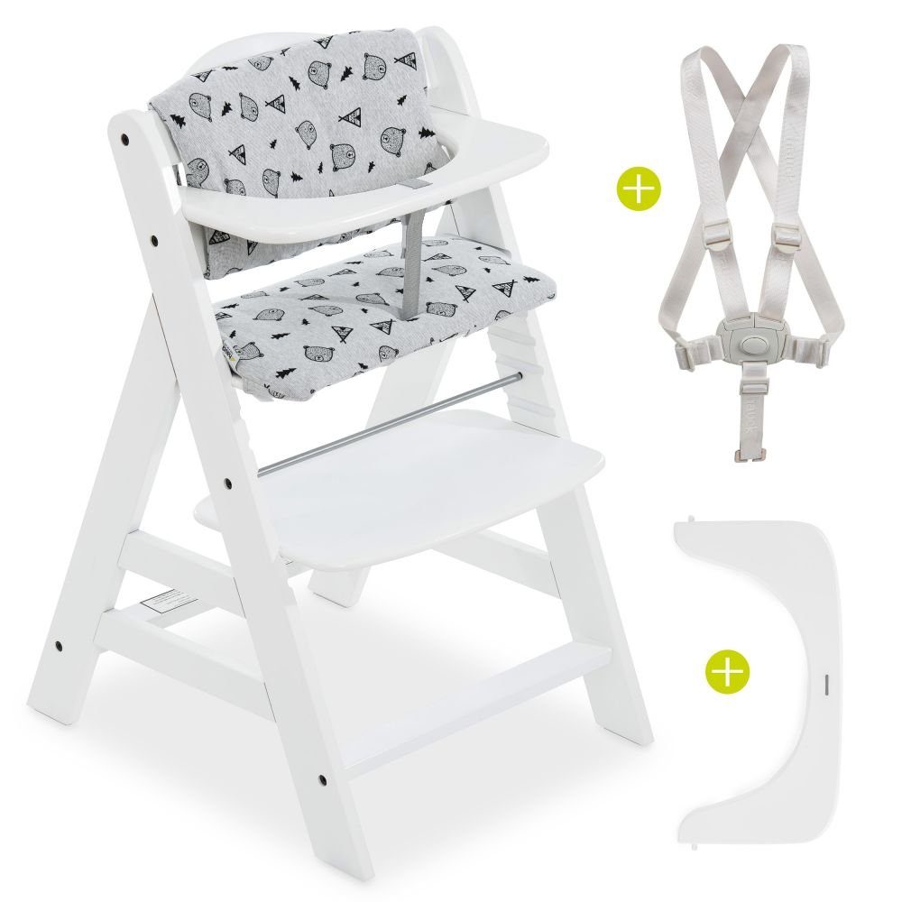 Hauck Hochstuhl Alpha Plus White (Set), Mitwachsender Holz Baby Kinderhochstuhl mit Sitzauflage - verstellbar