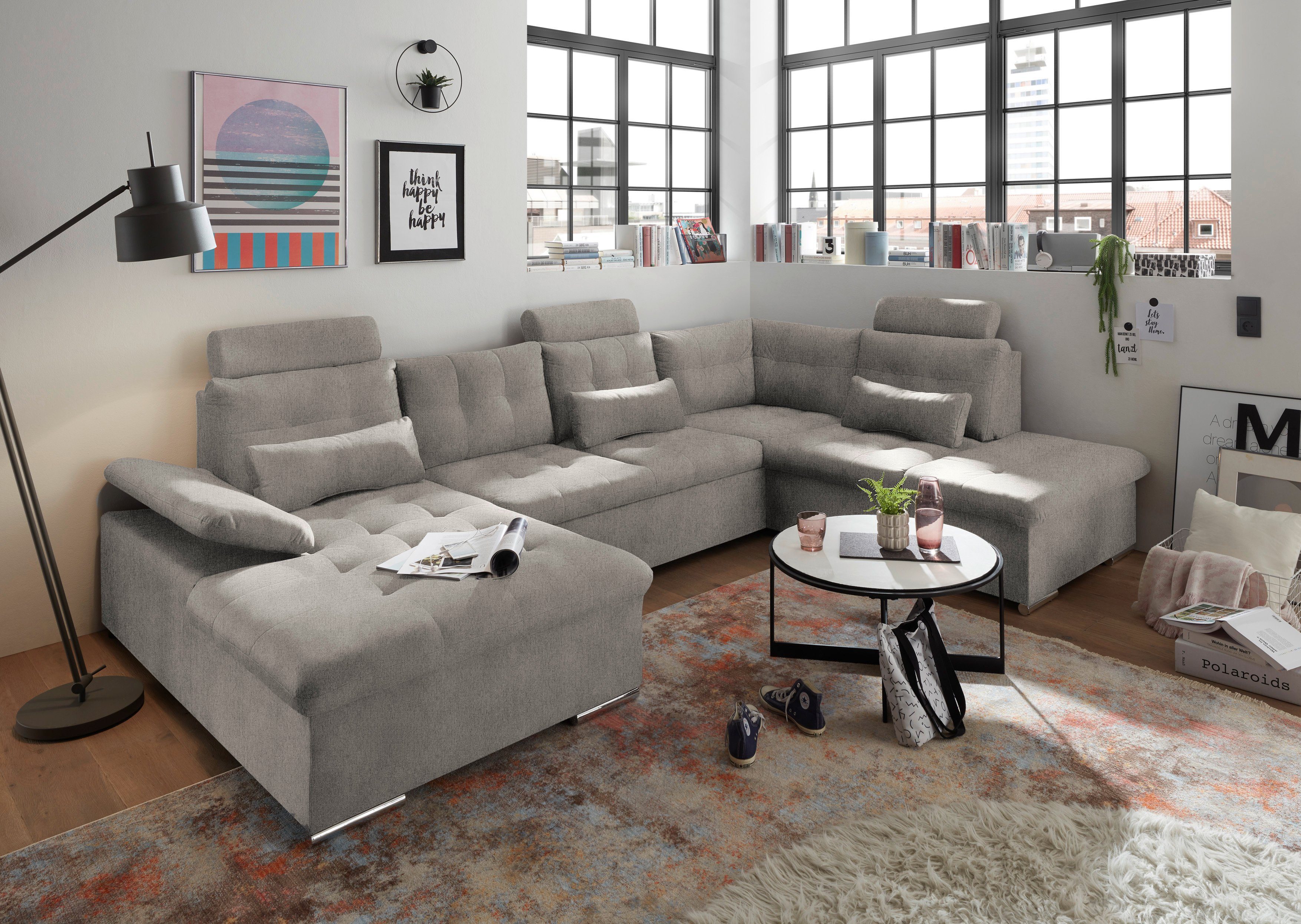 ED EXCITING DESIGN Wohnlandschaft Jakarta U-Form mit Bettfunktion, Bettkasten, Armteilverstellung, Kopfstützen & 3 Nierenkissen