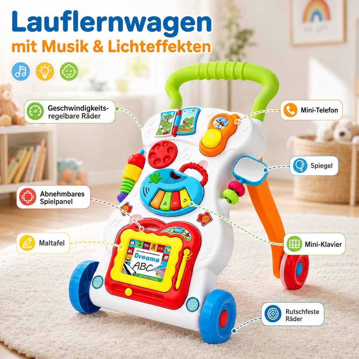 Fyrove Babywalker Musik & Licht Lauflernwagen, Baby Laufwagen Gehhilfe für Kleinkinder, (Kein Set, 1-tlg., Einzelprodukt, kein Set), Lauflernwagen mit Musik, Licht & einstellbarer Geschwindigkeit