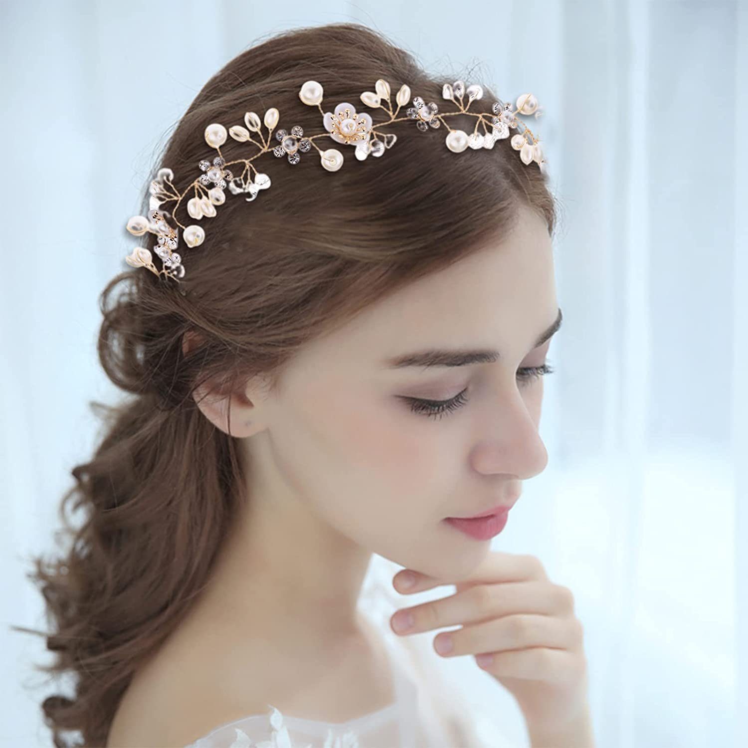 KSYLH Diadem Braut Hochzeit Blume Haarkämme Gold Kristall Braut, Kopfschmuck Perle Haarspangen Rosa Perle Haarschmuck