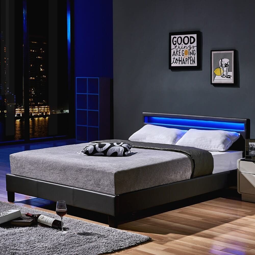 HOME DELUXE Bett ASTRO - 90/140 (inklusive Lattenrost), großes gepolstertes Kopfteil, LED Bett, Jugendbett
