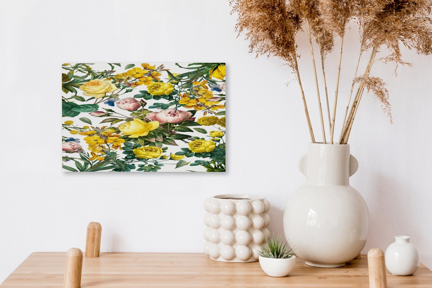 Blumen Leinwandbilder, St), Aufhängefertig, - Leinwandbild Wanddeko, (1 Wandbild cm Gelb OneMillionCanvasses® 30x20 - Schmetterling,