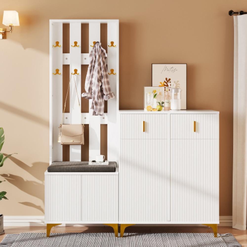 BBWL Garderobenschrank Garderobenset mit Schuhbank und Schuhschrank – Flurmöbel mit Kissen goldenen Haken, Schubladen und Türen, Wellenfront