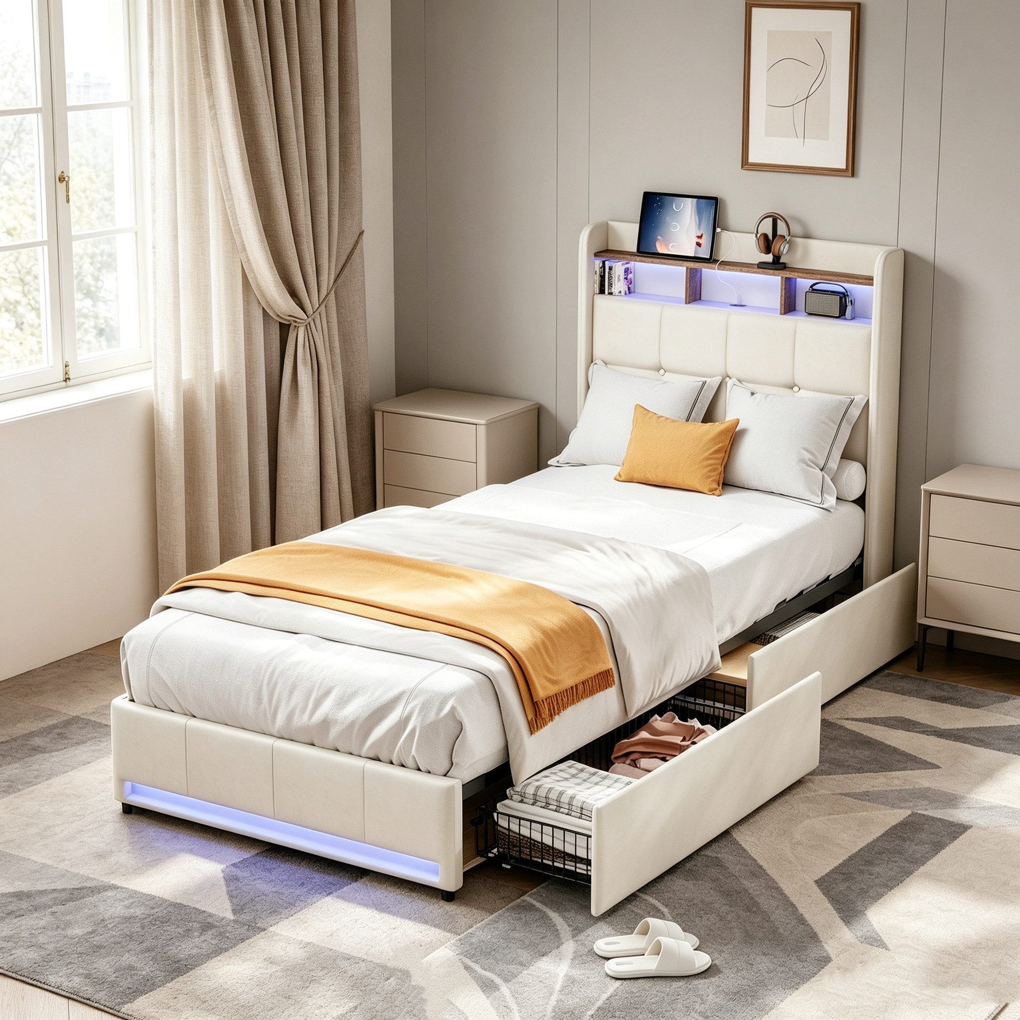 Simurq Einzelbett Polsterbett 90x200 mit 2 Schubladen, Jugendbett, Gästebett, Multifunktionsbett, Mit Lattenrost, USB Port & LED, Leinen