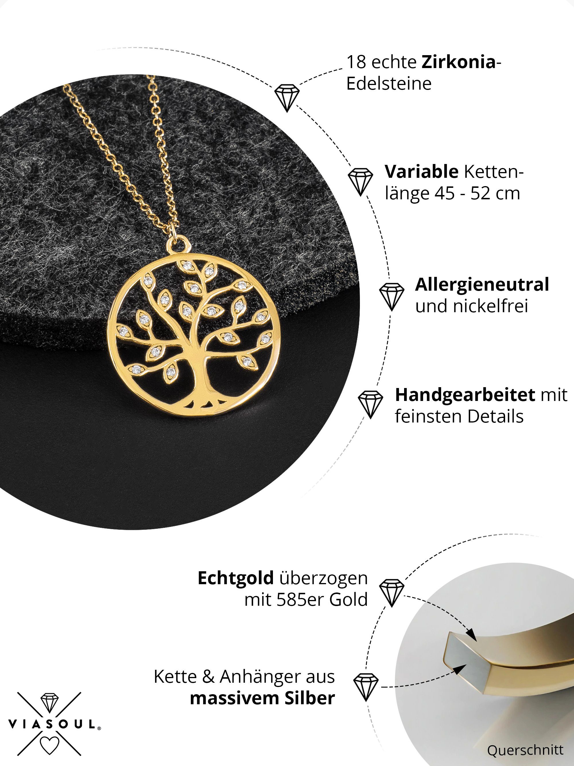Life I Lebens Anhänger stahlender Glanz Halskette VIASOUL Gold of Lebensbaum mit Tree des Zertifikat, Baum mit I Kette