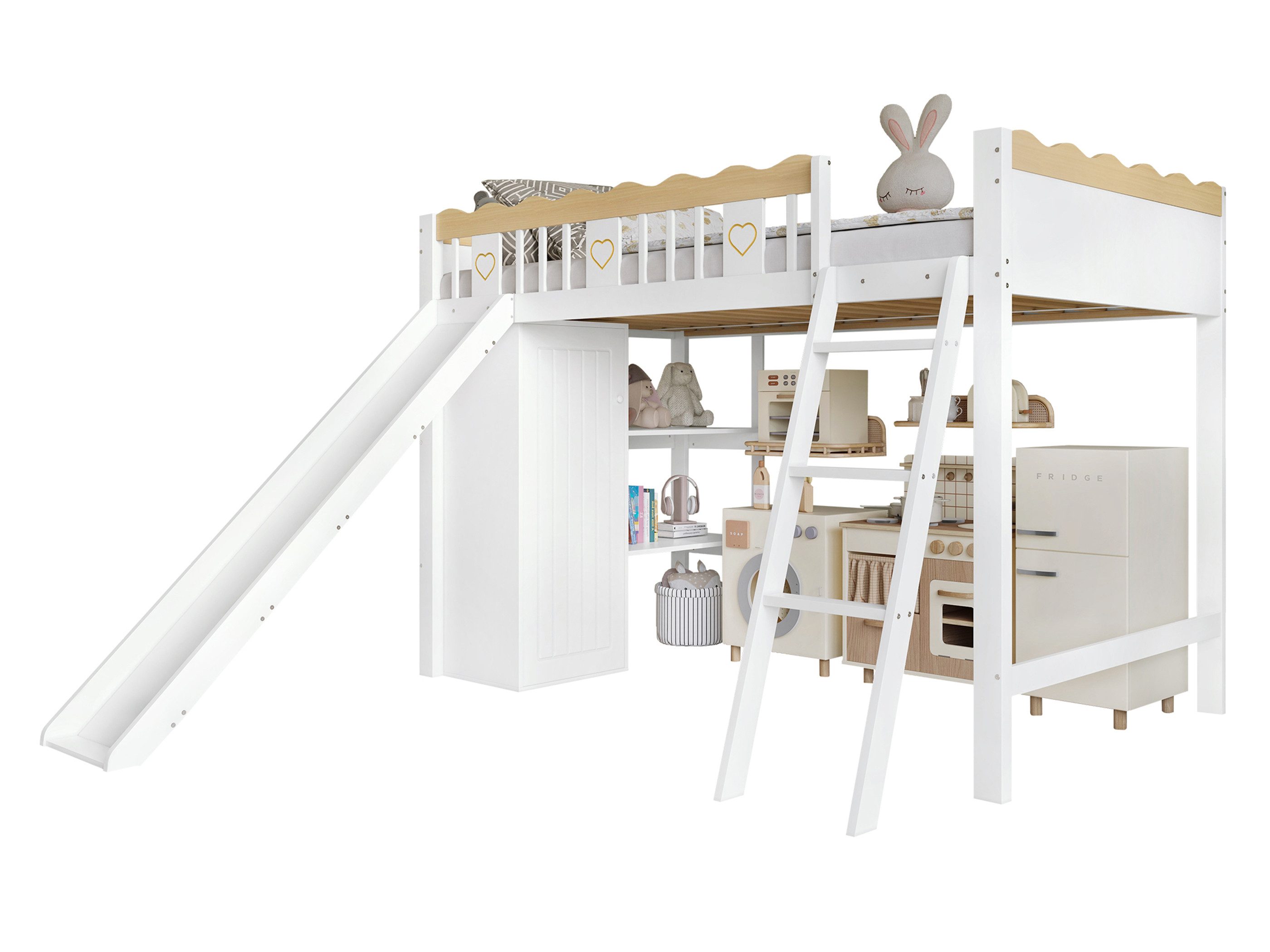 SeedWave Hochbett Vielseitiges Kinderbett Holzbett mit Kleiderschrank, Rutsche, 90×200cm Einzelbet beinhaltet 2 Staufächer, 2 Regale