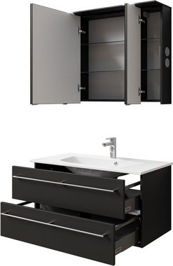Saphir Badmöbel-Set Serie 6025 2-teilig Mineralmarmor-Waschtisch mit LED-Spiegelschrank, (2-St), Waschplatz 97 cm breit, 2 Schubladen, 3 Spiegel-Türen, inkl Türdämpfer