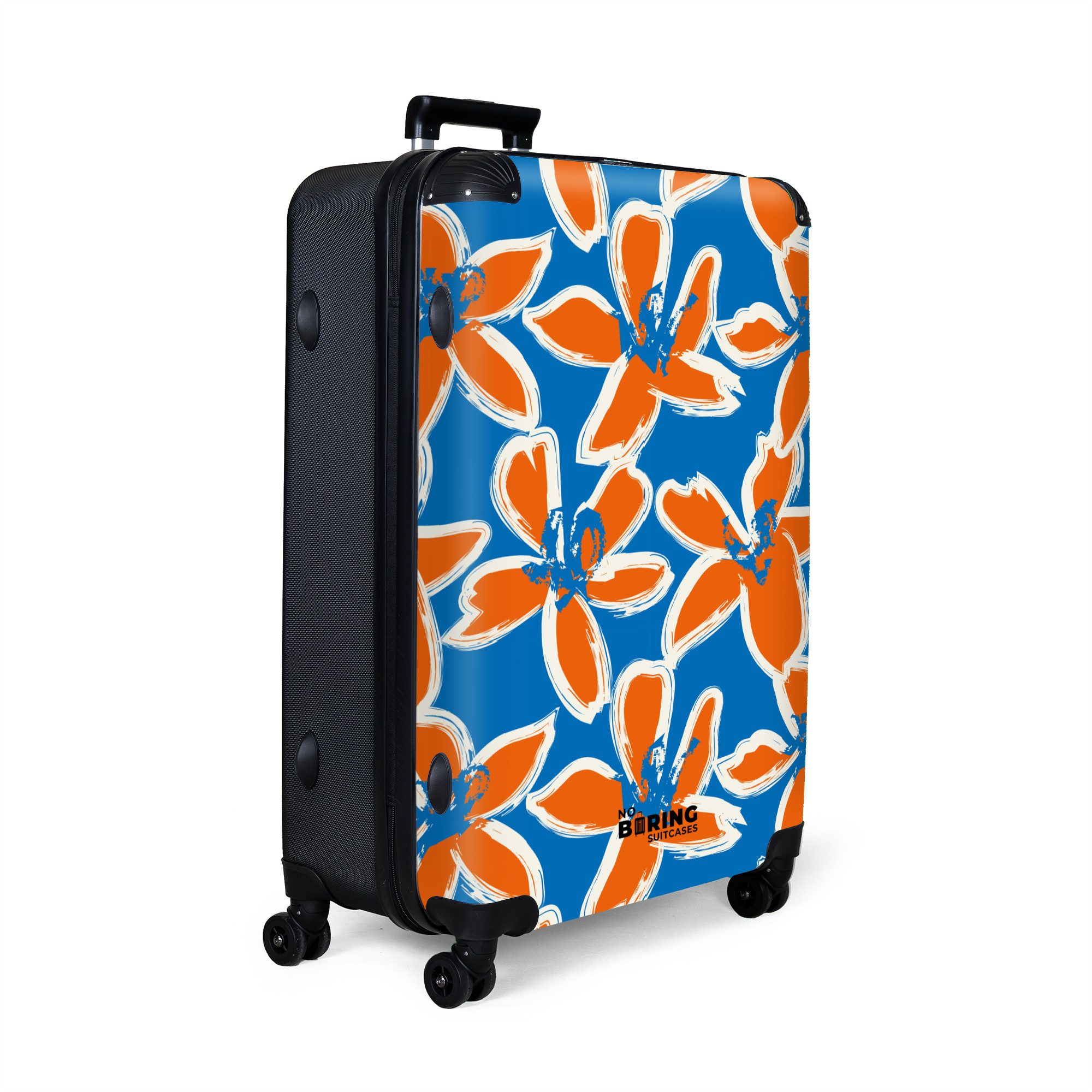 NoBoringSuitcases.com© Hartschalen-Trolley Blau mit orangefarbenen Blumen günstig online kaufen
