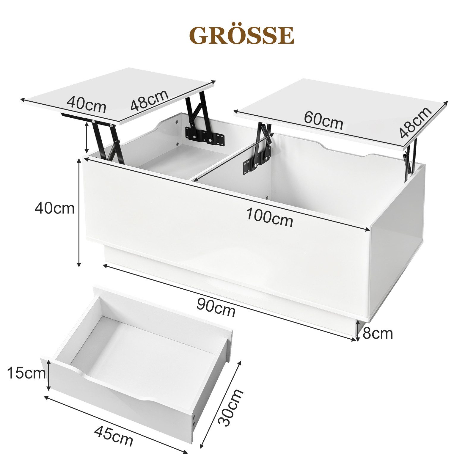 JanflyHome Couchtisch höhenverstellbar, 2 versteckte Fächer, 1 ausziehbare Schublade (1-St), Multifunktionstisch Kaffeetisch Schreibtisch 100x48x40 cm