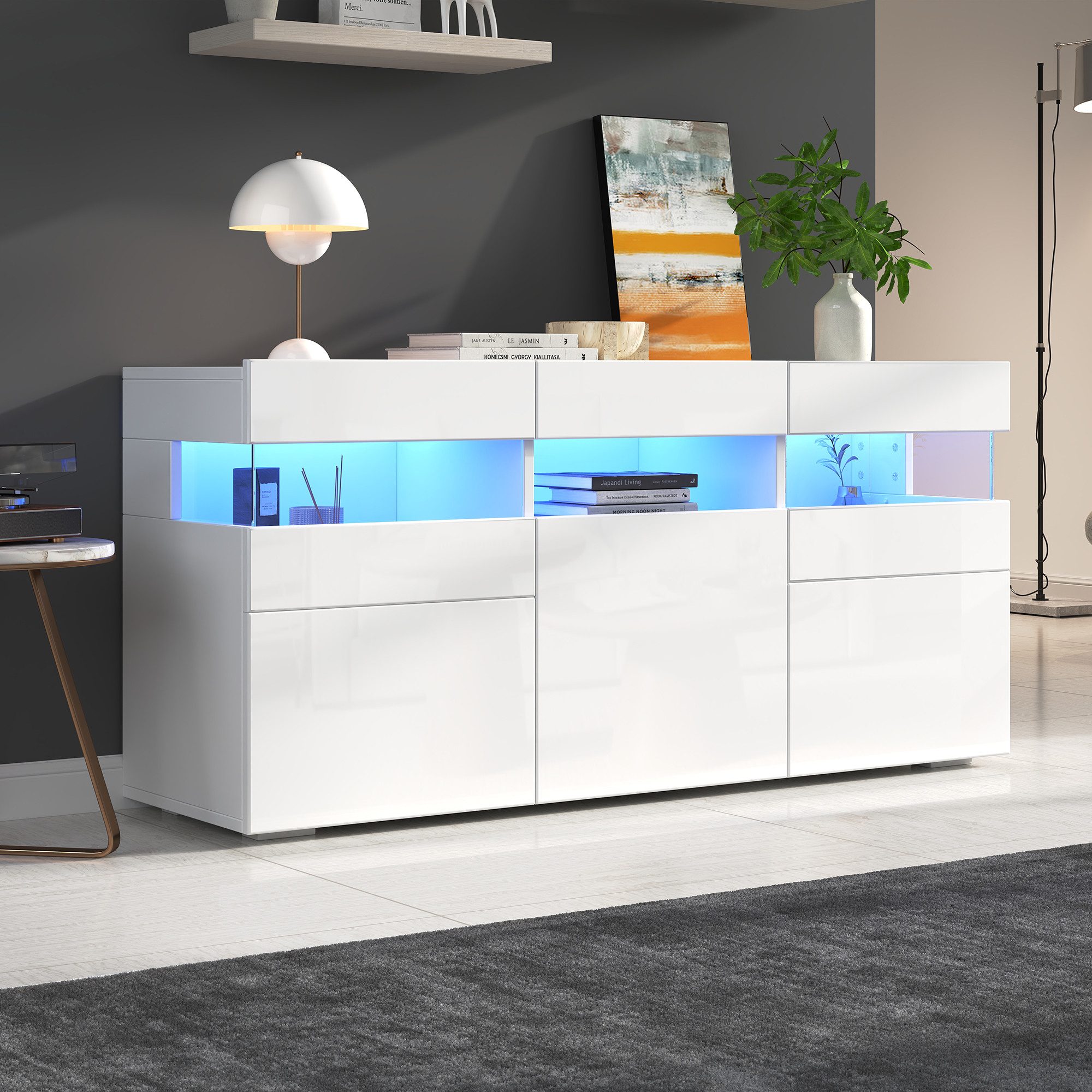 REDOM Sideboard Beistellschrank (Wohnzimmerschrank, Kommode, 1 St., mit 3 Türen, 7 Ablagefächern), mit LED-Beleuchtung, hochglänzende Front