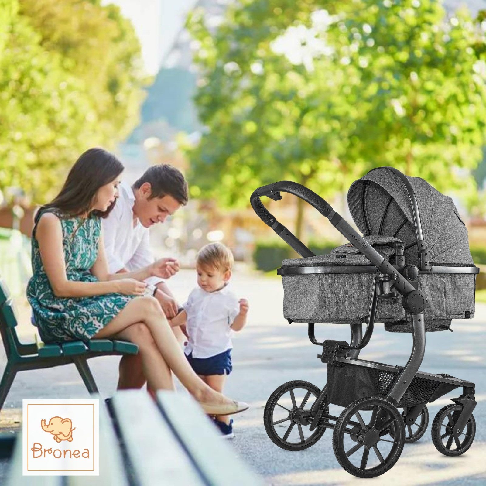 Bronea Kombi-Kinderwagen UNICO Design-Kinderwagen 3-in-1 mit MATRATZE, BUGGY & AUTO-BABYSCHALE, EINHAND-FALTSYSTEM, Wickeltasche,Regen- & Mücken- & Sonnenschutz