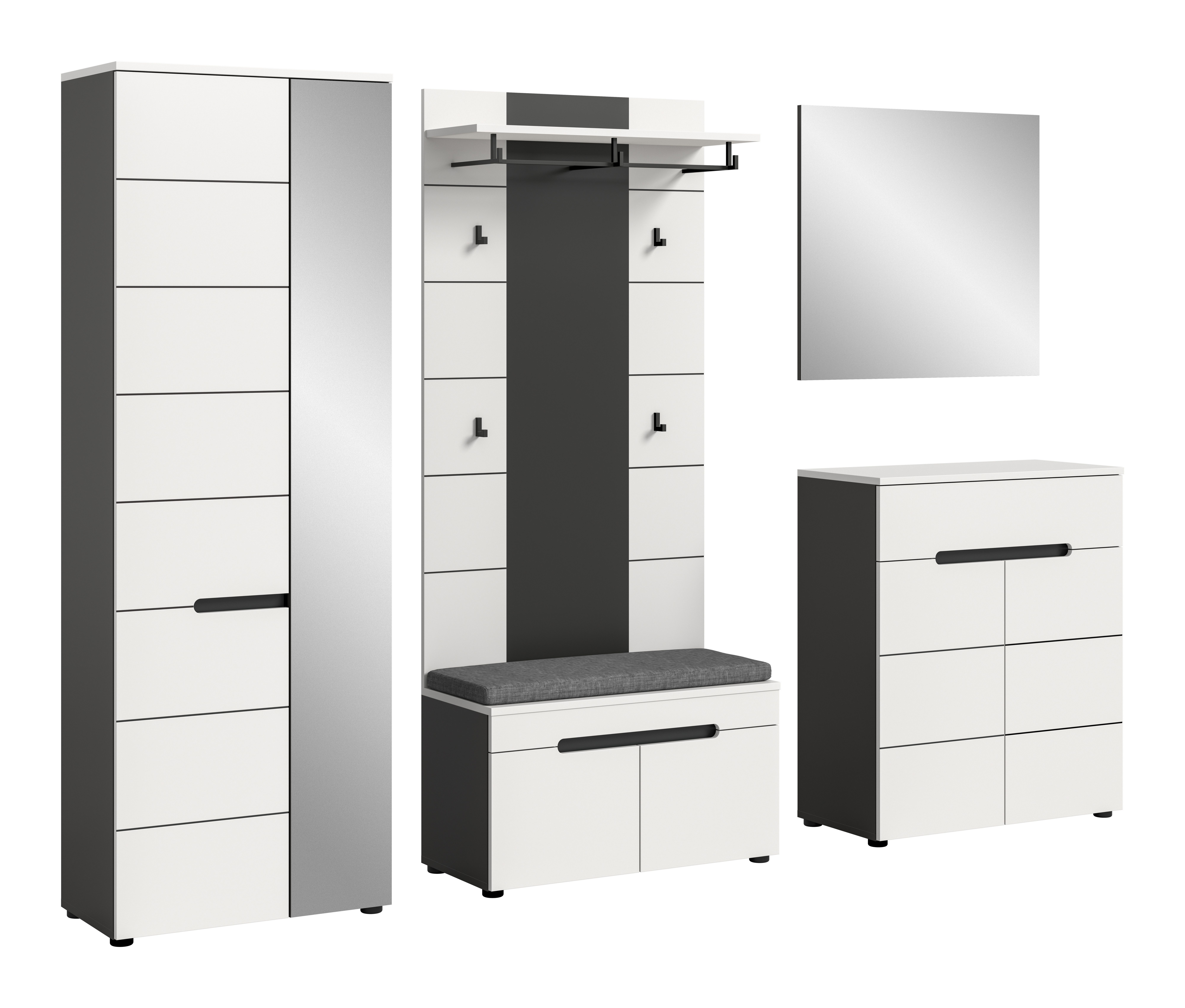 furnling Garderoben-Set Cano, (6-St., Paneel, Schrank, Schuhkommode, Sitzbank (inkl. Sitzkissen), Spiegel), Flurmöbel, Garderobenmöbel, Höhe 190 cm, Basalt grau/weiß