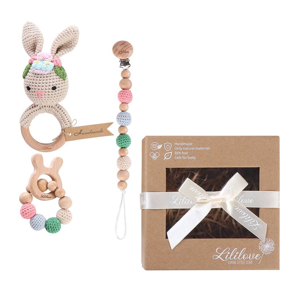 Lililove Geschenkset Neugeborenen-Geschenkset Sweety Bunny Box (Geschenkset, 3-teilig, Rassel, Spielset, Rassel: 13cm, Greif/Beißring: 8cm, Schnullerkette: 26cm) Bio- Baumwolle, handgehäkelt, nachhaltig