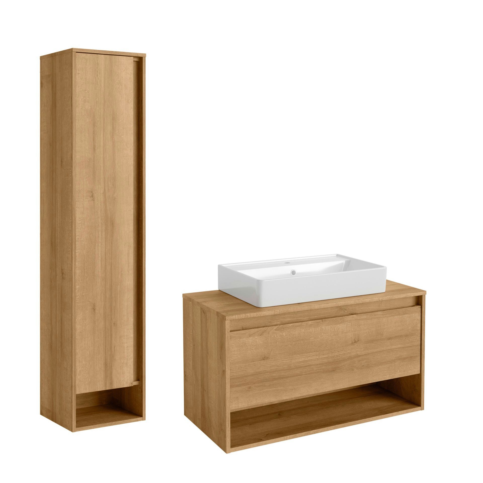 FACKELMANN Badmöbel-Set Natura Badmöbelset, 3-teiliges Set, Waschbecken, Unter-, Hochschrank