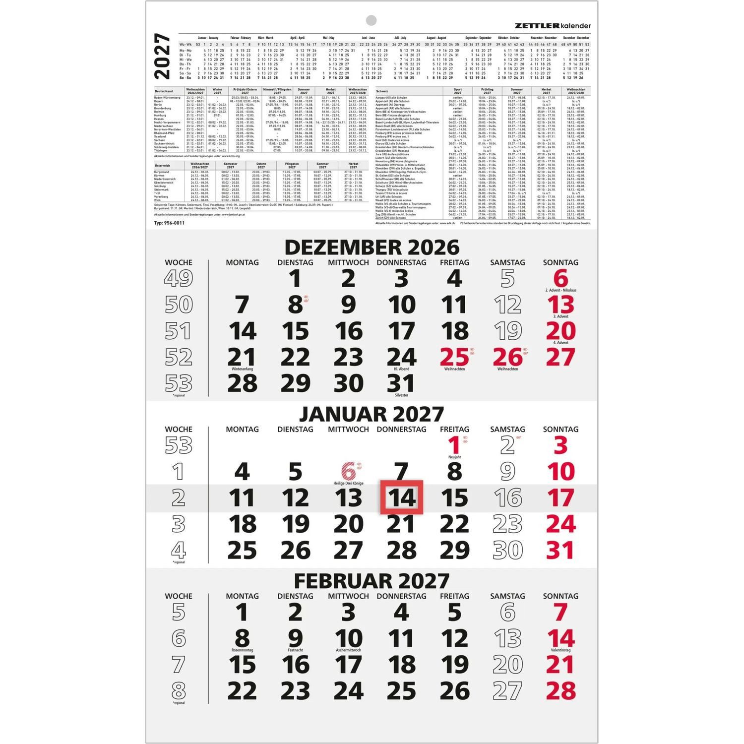 Wandkalender 3-Monatskalender schwarz/rot 2027