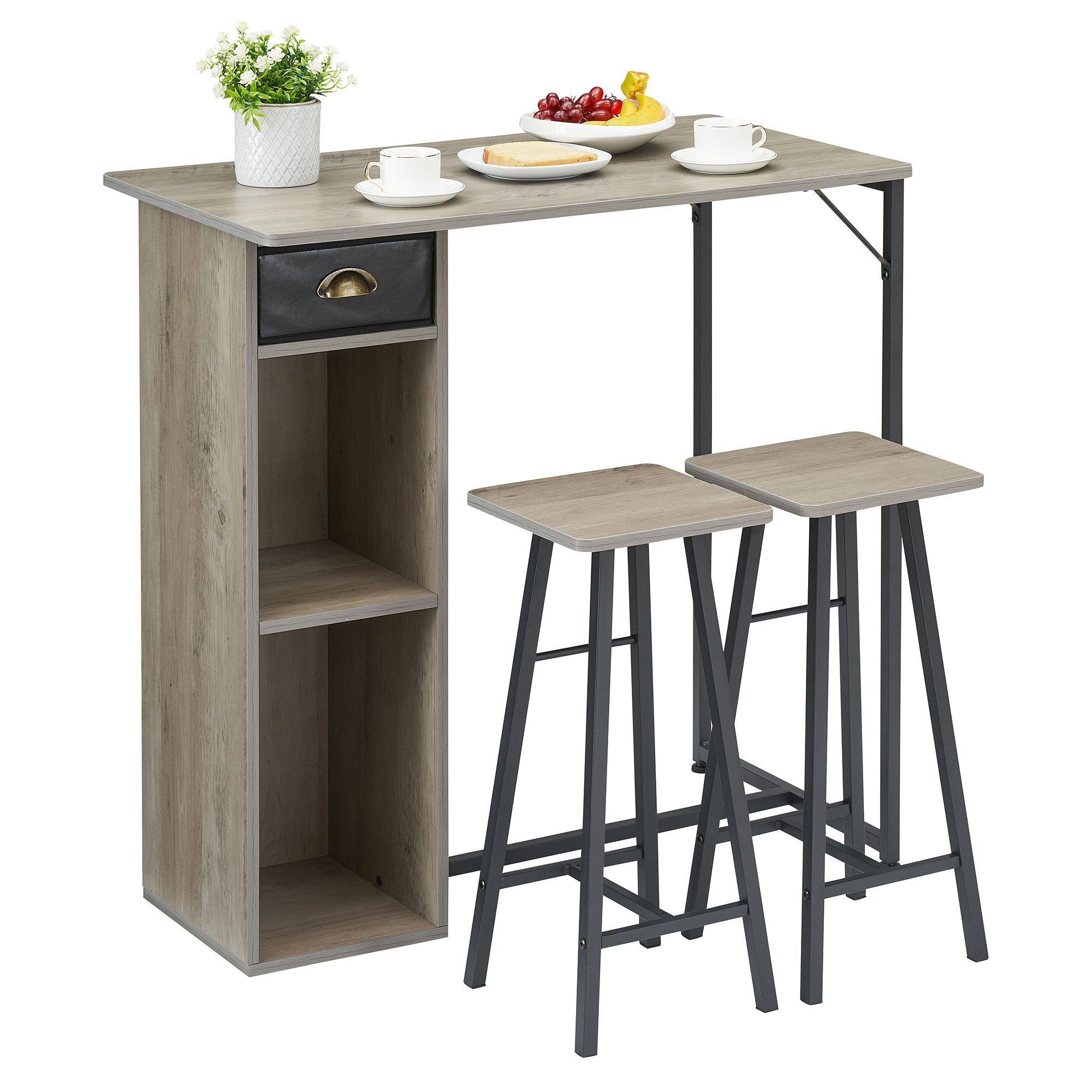 GarveeMore Essgruppe Esstisch mit 2 Barstuhl für Küche & Esszimmer, Bartisch Esstisch mit 1 Stoffschubladen und 2 Ablagen