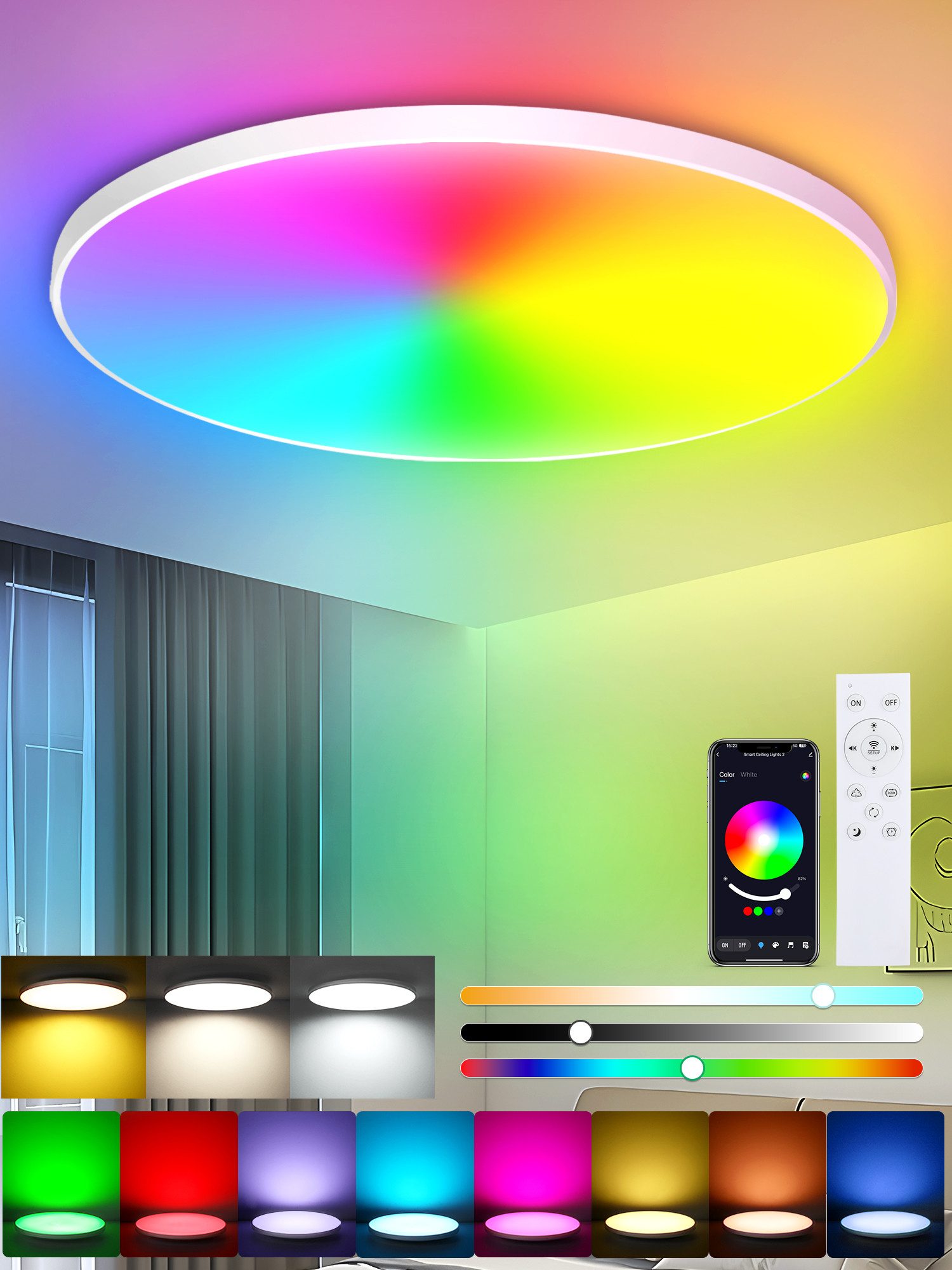 LED Deckenleuchte RGB+CCT Deckenlampe – mit Fernbedienung & App-Steuerung Ø30 cm