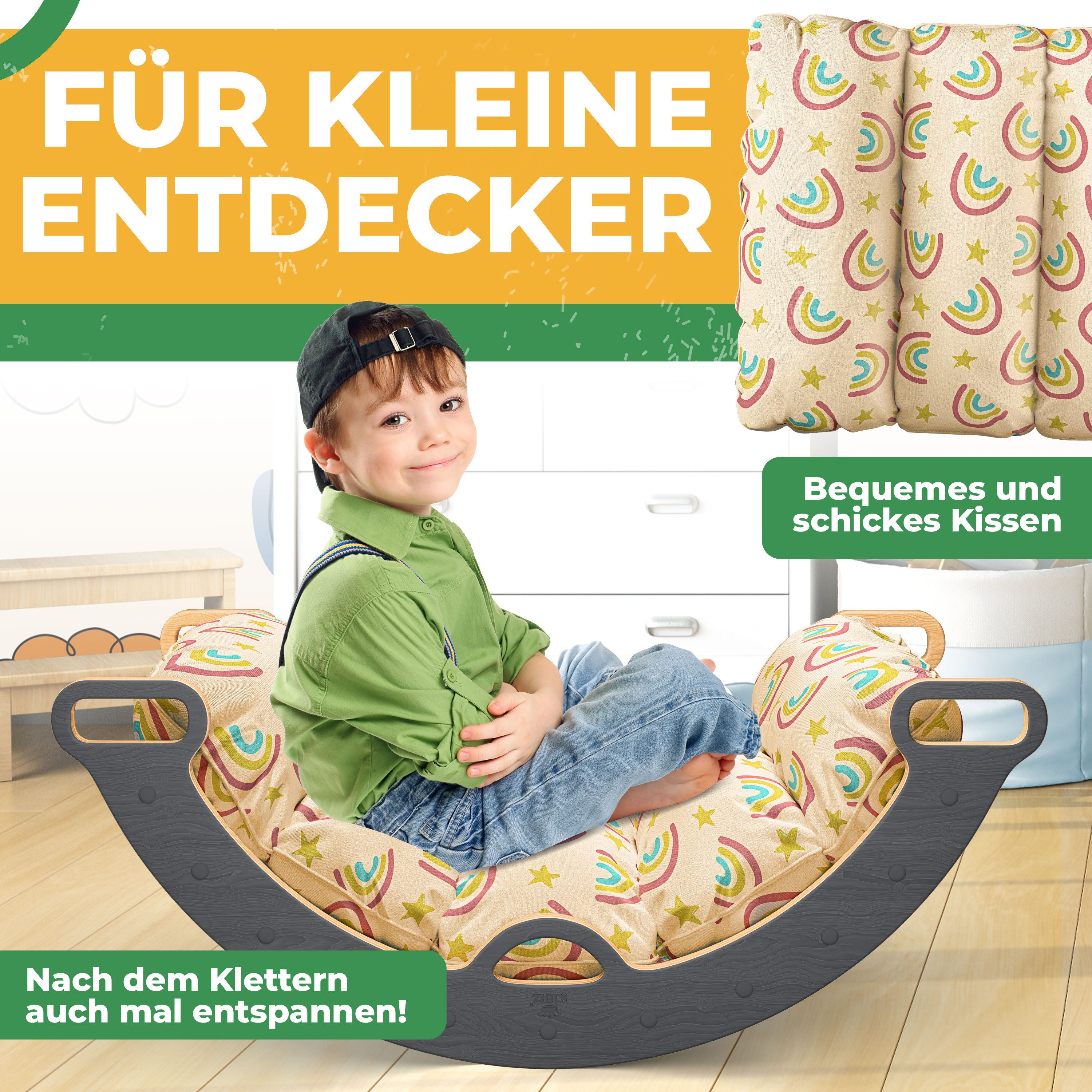 KIDIZ Klettergerüst mit Kletterbogen Montessori 7in1 Spiel-Set aus Holz, (inklusive Rutsche, Kletterdreieck, Kissen, Tafel & Lern-Uhr), Indoor Spielplatz für Kleinkinder ab 1 Jahr & Kinder bis 3 Jahre
