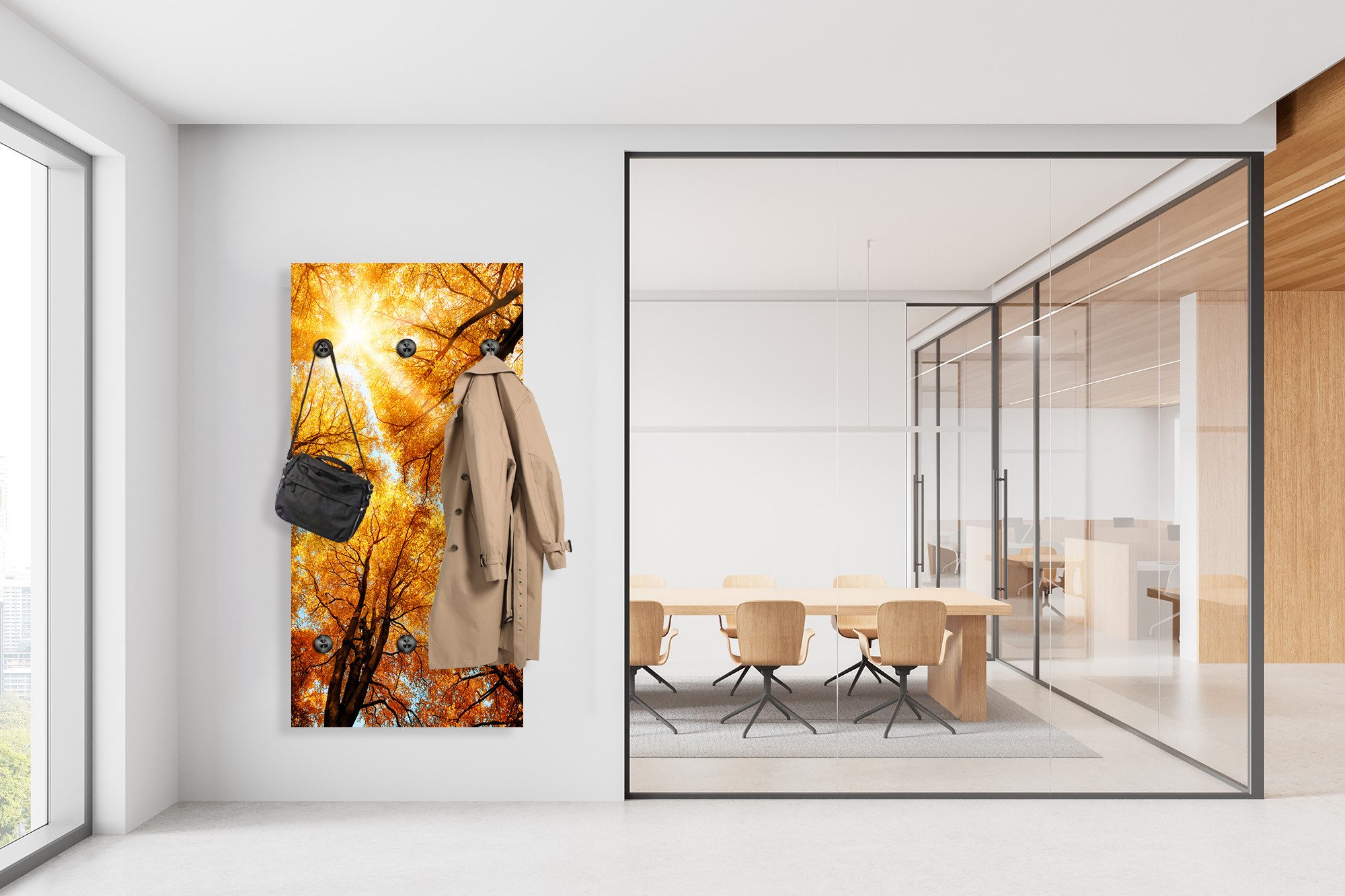 queence Wandgarderobe Herbst Sonnenaufgang im Wald (1 St), Wandpaneel aus Acrylglas inkl. 6 Edelstahlhaken in schwarz matt