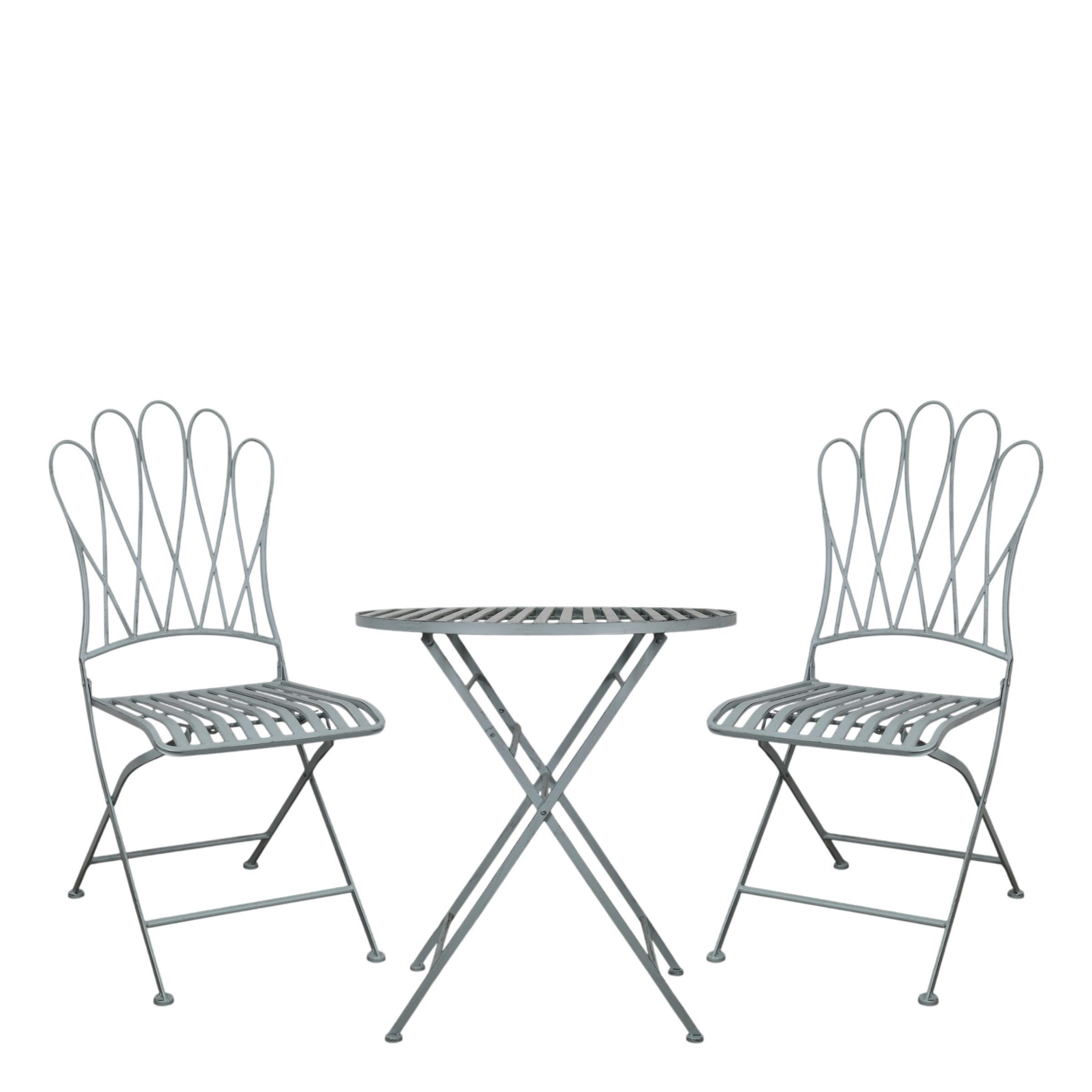 Chic Antique Garten-Essgruppe Vintage Garten/Balkon-Set Jardin Metall Hellblau zwei Stühle + Tisch