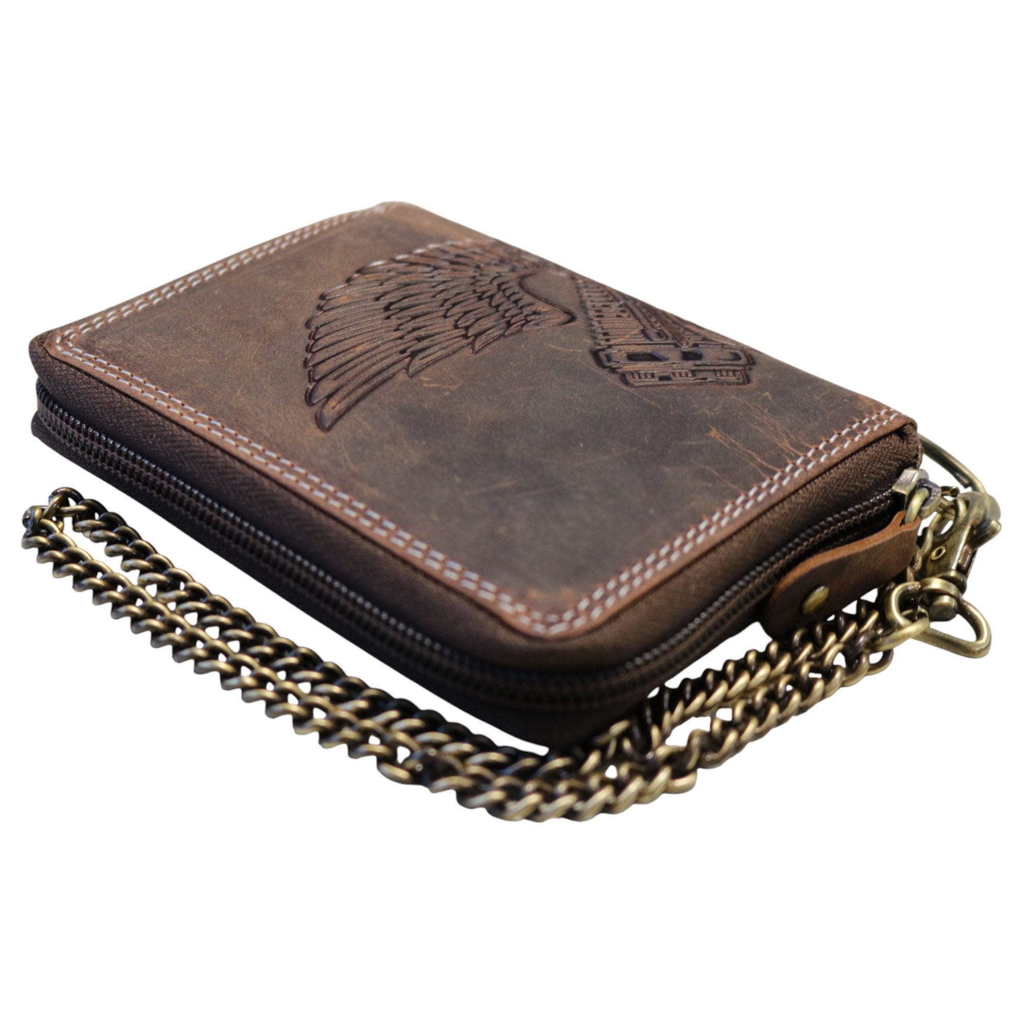 MDM Brieftasche Biker Leder Karten Portemonnaie mit Kette, Reißverschluss, RFID
