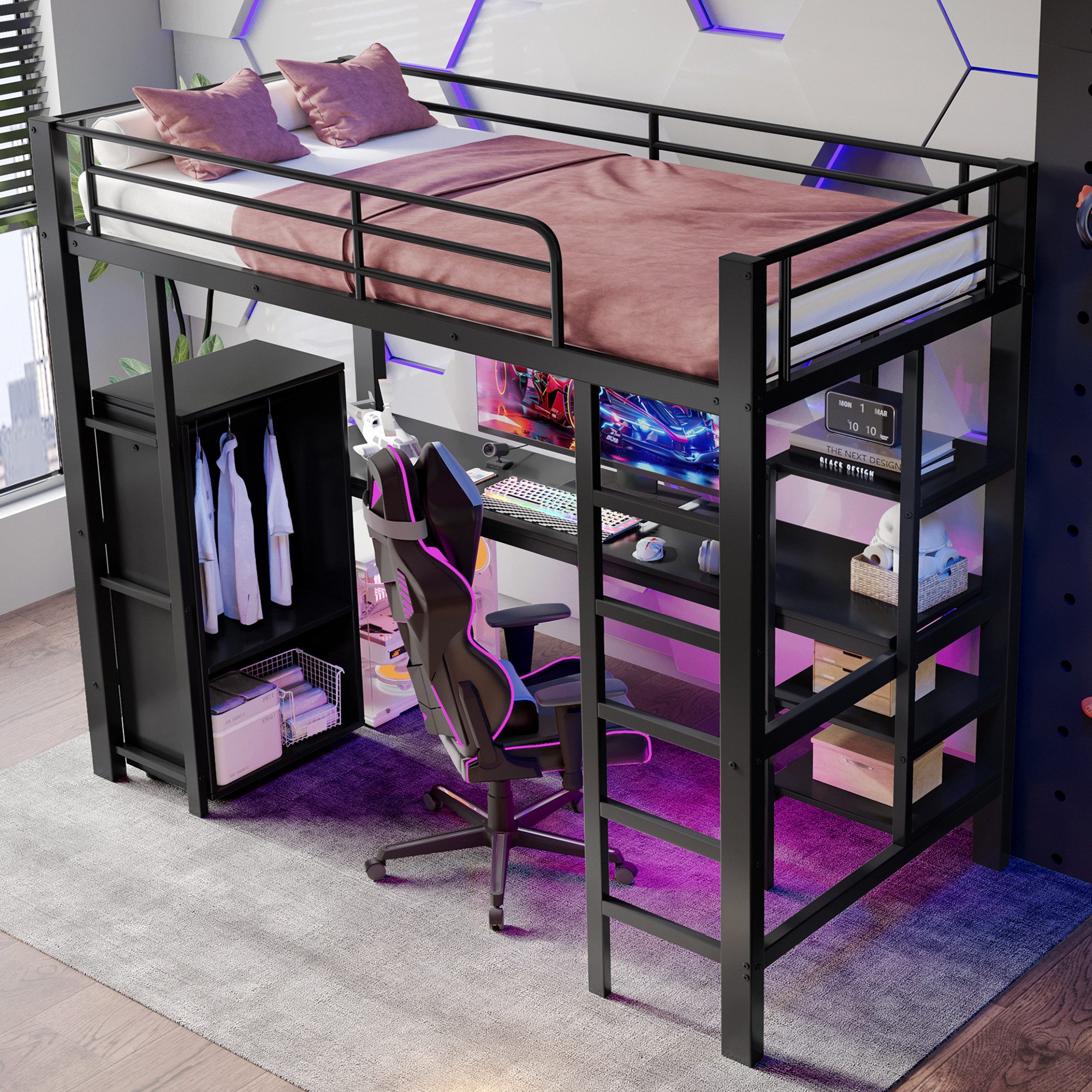 TavilaEcon Hochbett Eisenbett mit Tisch, Kleiderschrank günstig online kaufen