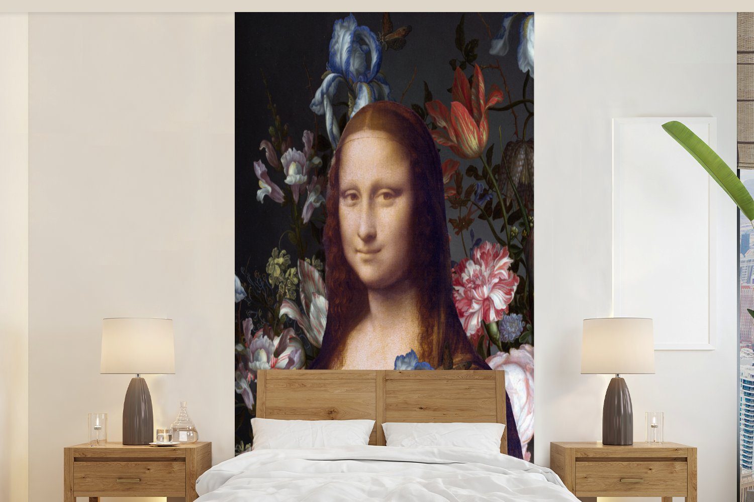 MuchoWow Fototapete Mona Lisa - Da Vinci - Blumen, Matt, bedruckt, (2 St), Vliestapete für Wohnzimmer Schlafzimmer Küche, Fototapete | Fototapeten