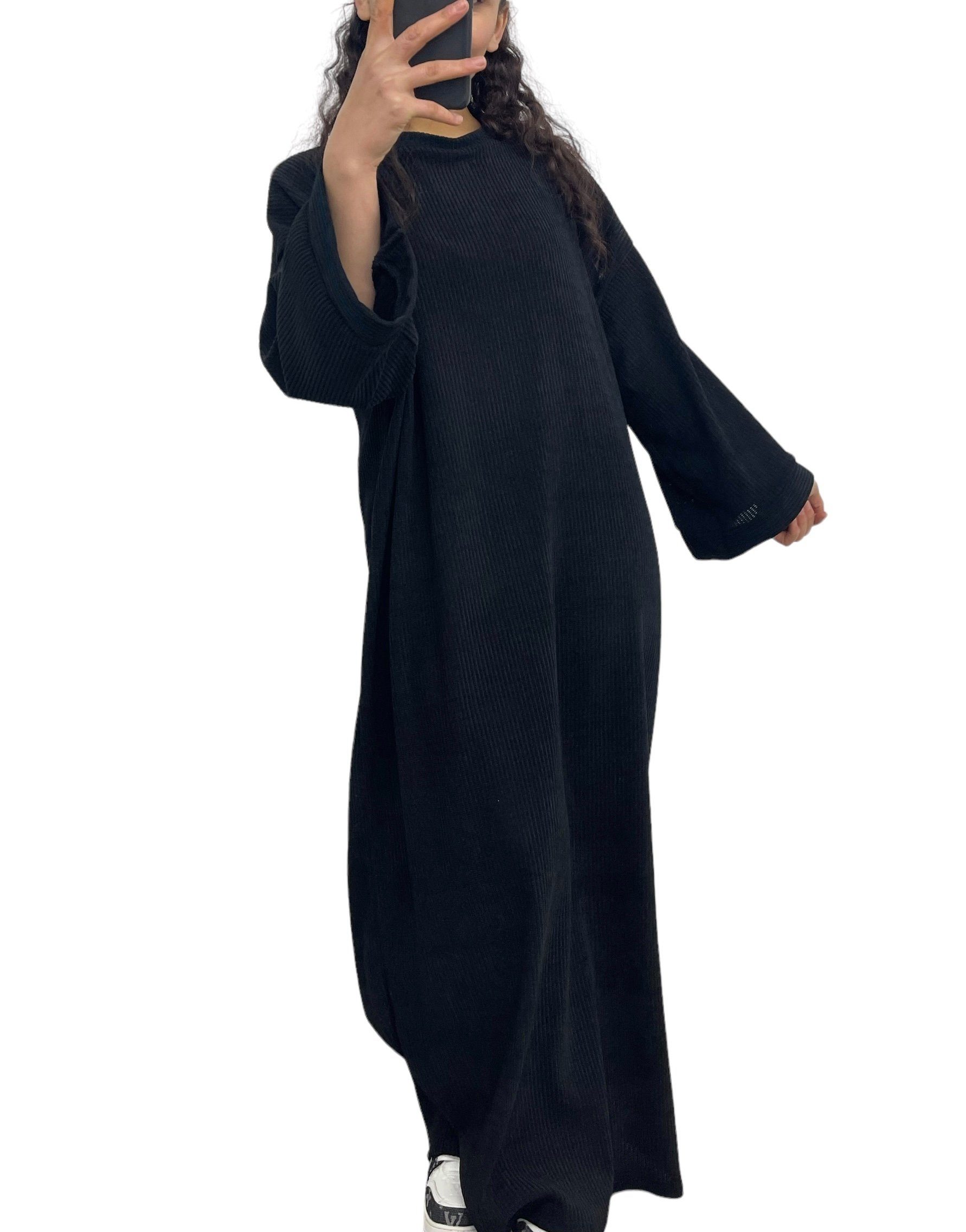 HELLO MISS Cordkleid Cordkleid Lang mit Rundhals Abaya Style, in Unifarbe Schwarz