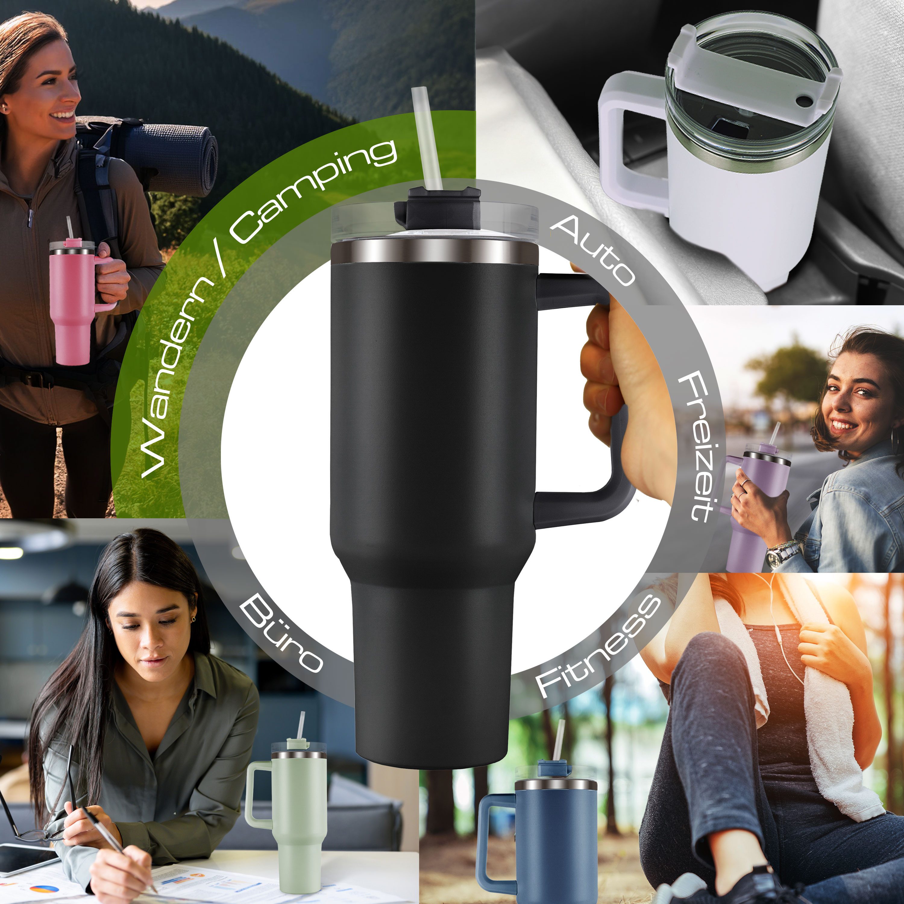 Roomando Thermobecher Becher mit Henkel Strohhalm Edelstahl Autobecher Kaffeebecher schwarz