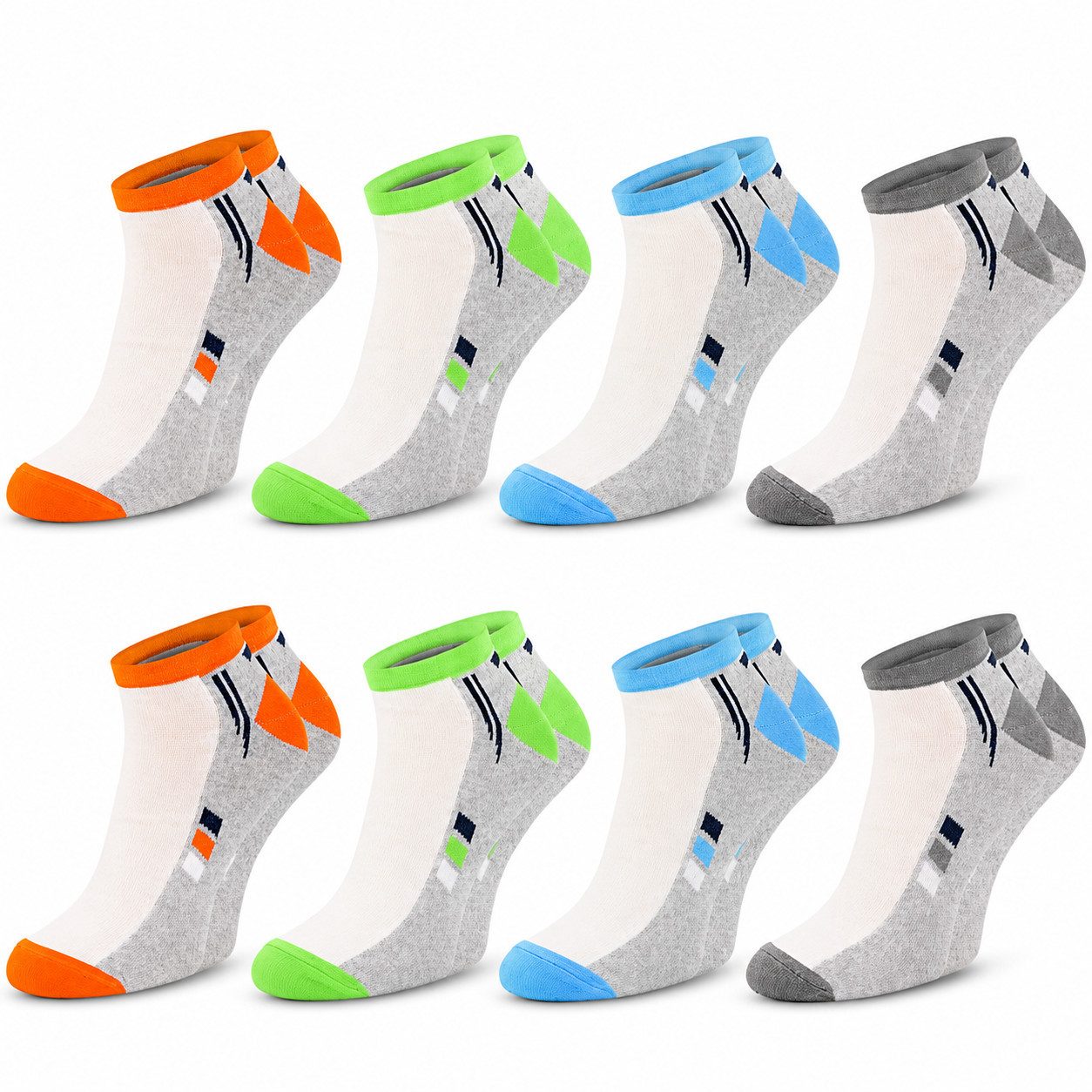 Chili Lifestyle Sneakersocken PREMIUM Sommer Sneaker Socken Damen Herren aus Baumwolle, atmungsaktiv (Multipack, 8-Paar, 4 Farbdesigns - Kurzsocken Komfortbund ohne Gummidruck) Low Cut Sneaker Socken für Sport, Alltag & Freizeit