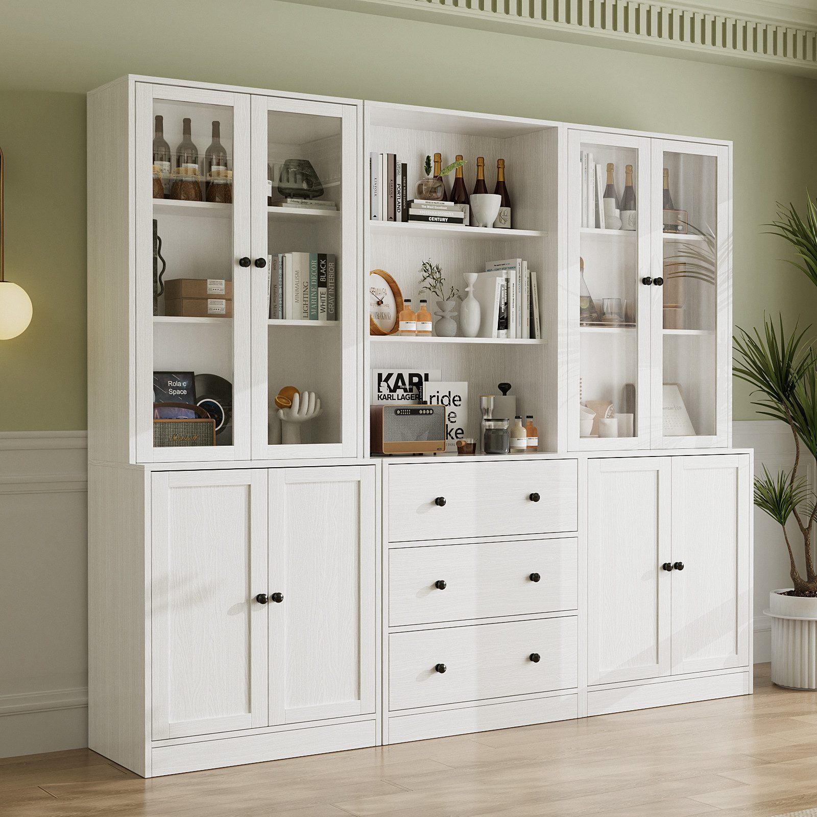 VOWNER Bücherregal 5-stöckiges Bücherregal mit Glastüren, 180 cm Vitrinenschrank, 3-tlg., multifunktionaler Küchenschrank Hochschrank & Buffetschrank