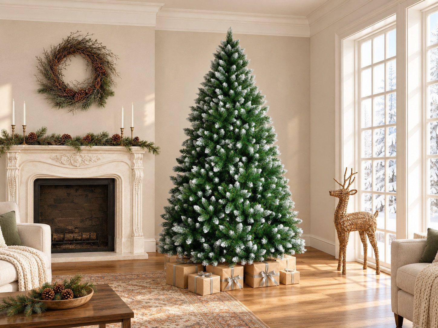 WHEELYOU Künstlicher Weihnachtsbaum 120–210 cm Schneespitzen-Tanne, PVC, Lichterkette, 8 Lichtmodi, Grüne Tanne mit Schneespitzen, dichte PVC-Zweige, winterliche Optik, Warmgelbe Lichterkette, 8 Modi, Schneespitzen, formbare Zweige