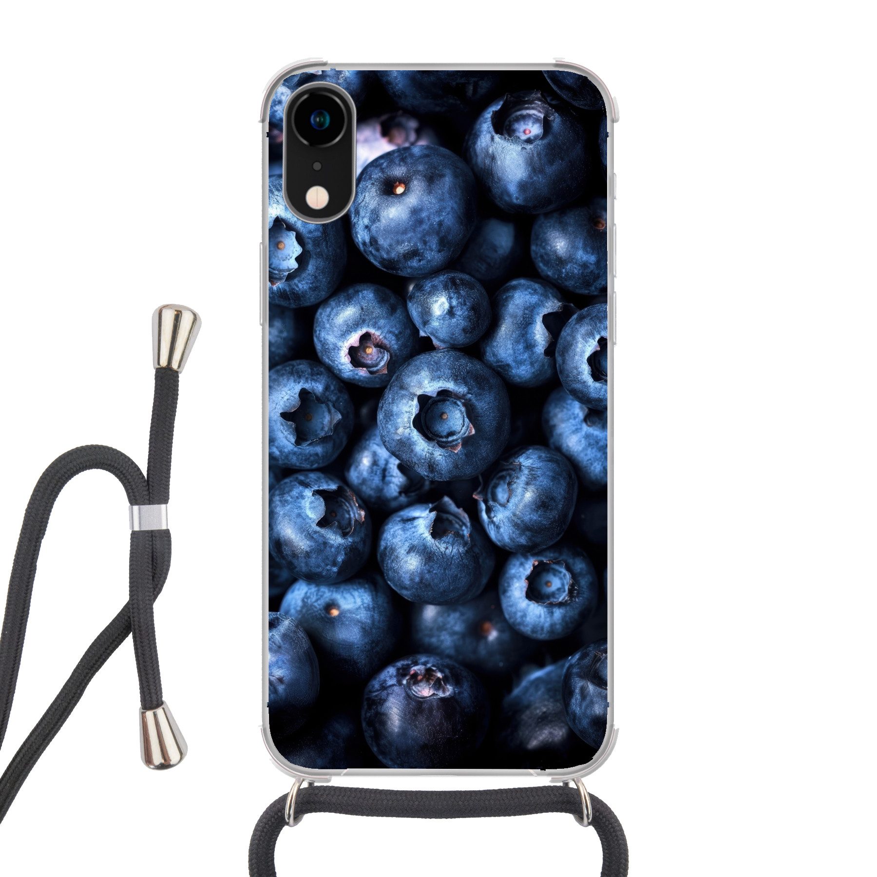 MuchoWow Handyhülle für Apple iPhone XR Beeren - Blau - Obst, Tragbare Handyhüllen mit Kette zum umhängen, Handykette Handyband