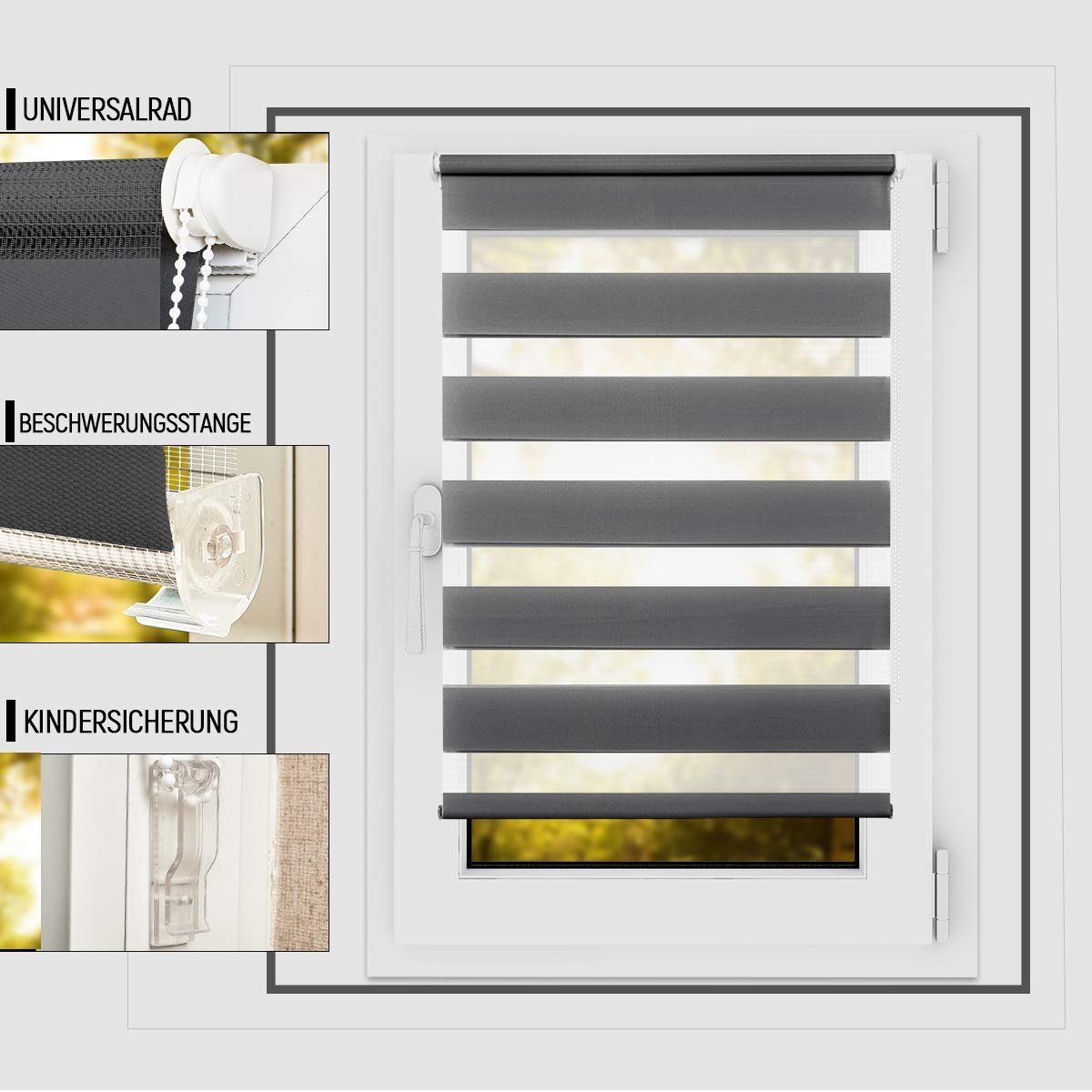 Doppelrollo Klemmfix ohne Bohre, OUBO, verdunkelnd, Fensterrollo Seitenzugrollo Blickdicht, Für Fenster und Tür mit Klämmträger lichtdurchlässig verdunkelnd