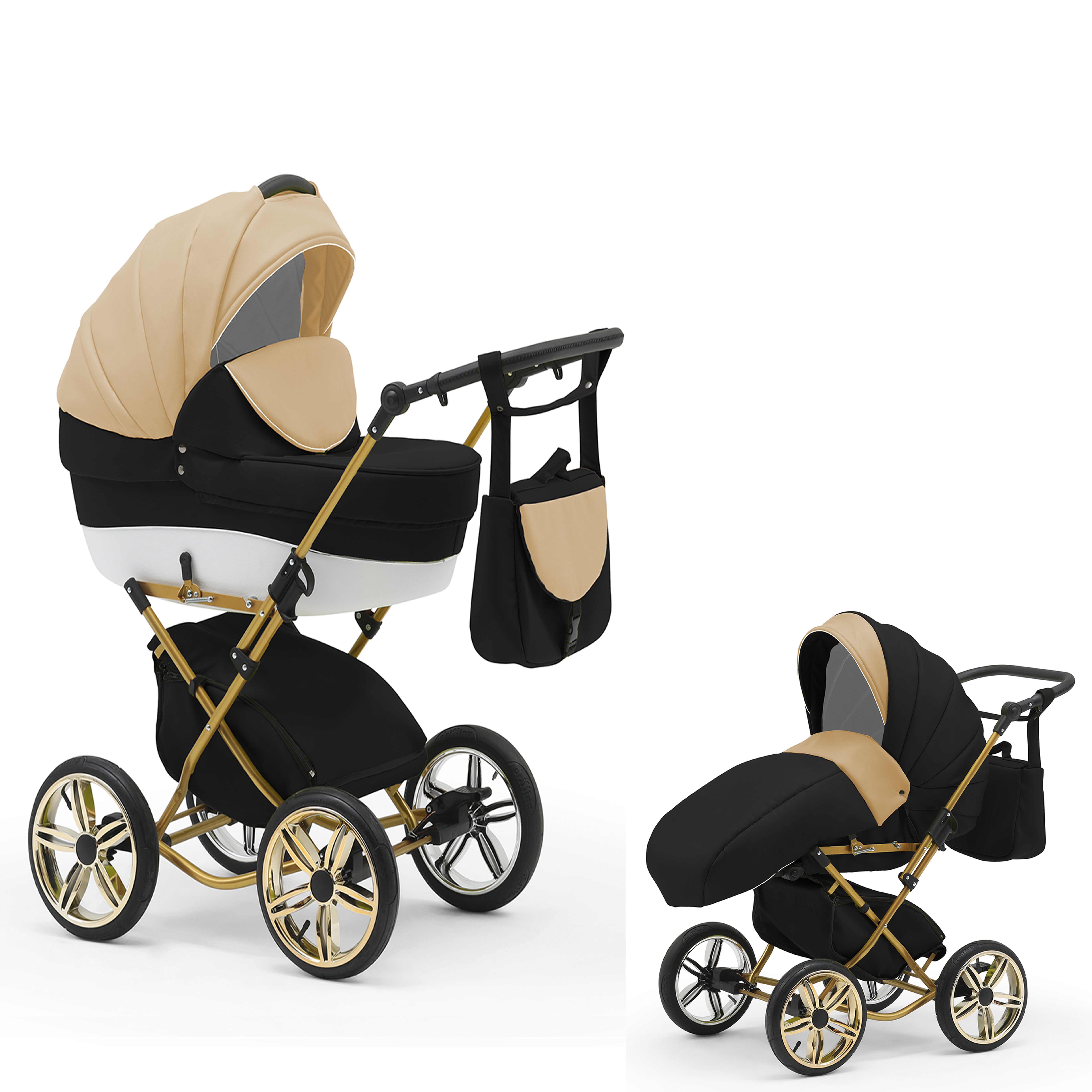 babies-on-wheels Kombi-Kinderwagen Sorento 2 in 1 - 11 Teile - von Geburt bis 4 Jahre in 30 Designs Beige-Schwarz-Weiß