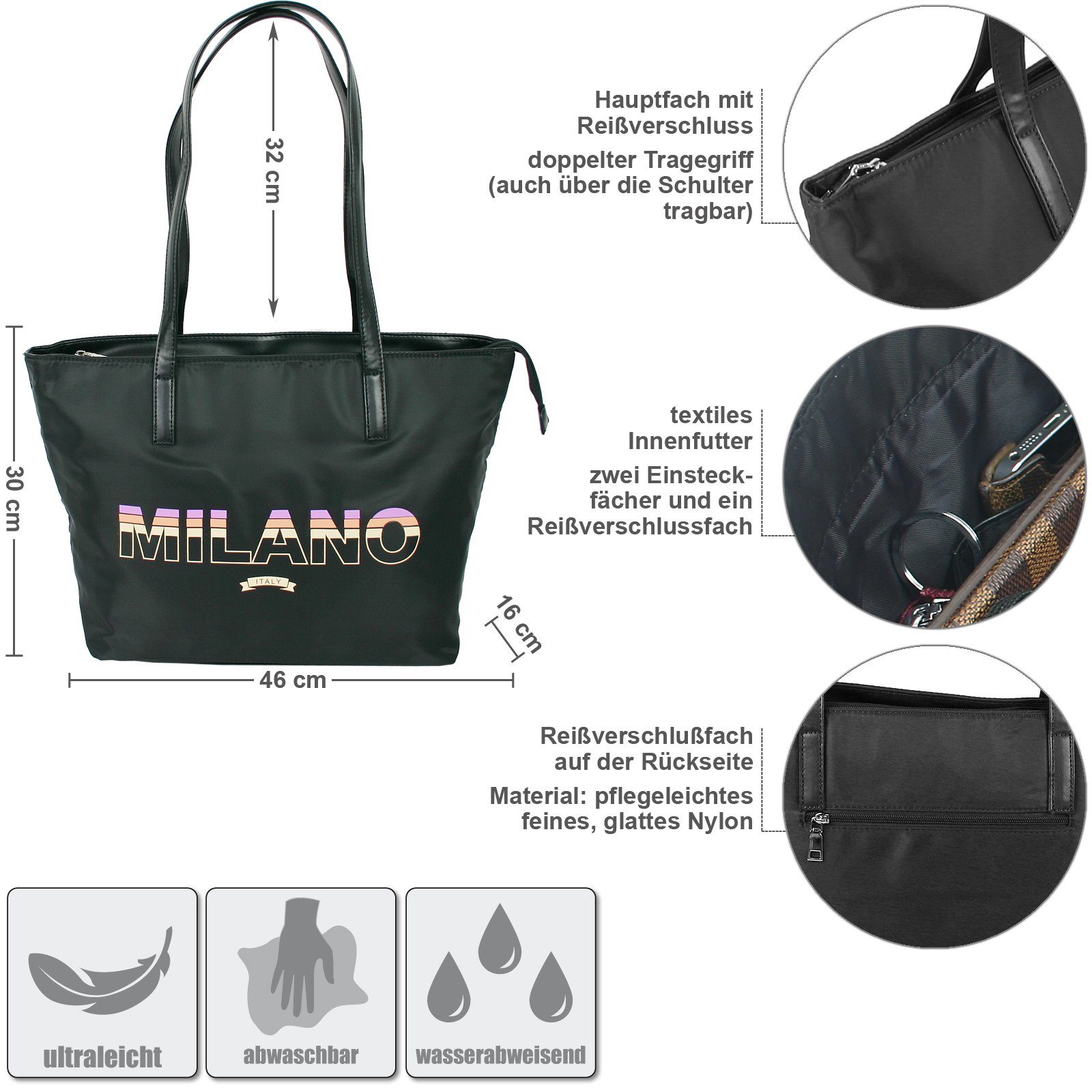J JONES JENNIFER JONES Schultertasche - Ultra leichter großer Damen Shopper XL, mit Reißverschluss - Nylon, Leicht