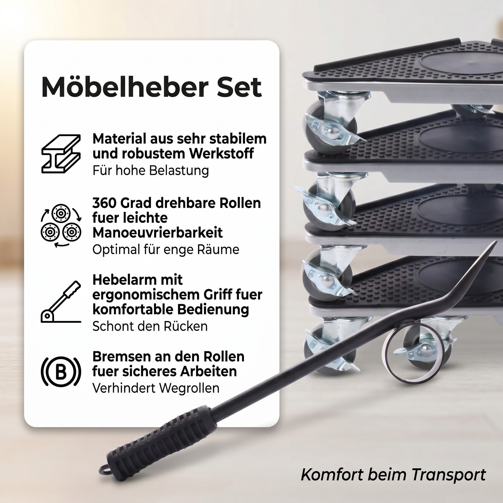 Mucola Möbelrolle Möbelheber 7 tlg. 1050 KG Möbeltransport Set Möbelrollen Möbelrücker, (Stück, 7-St., Möbelheber Set), Bremsen an den Rollen