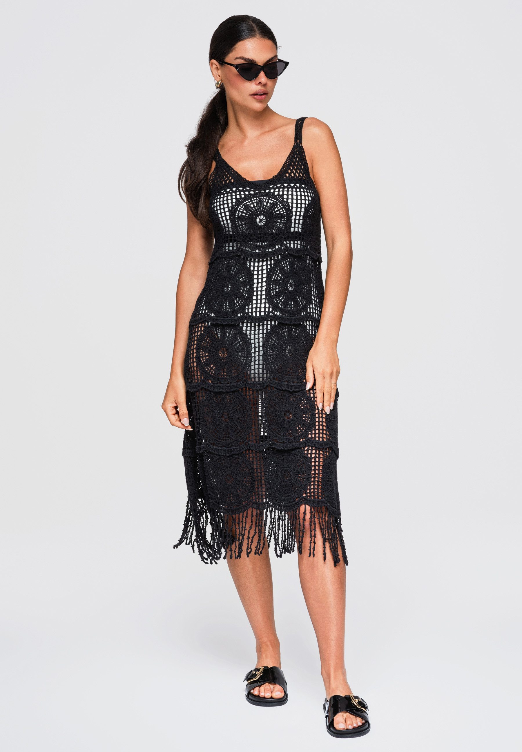 OMBRE Strandkleid Damen Midi Kleid mit Ajourstruktur Elegant Schwarz ONESIZE (kein Set, 1-tlg)