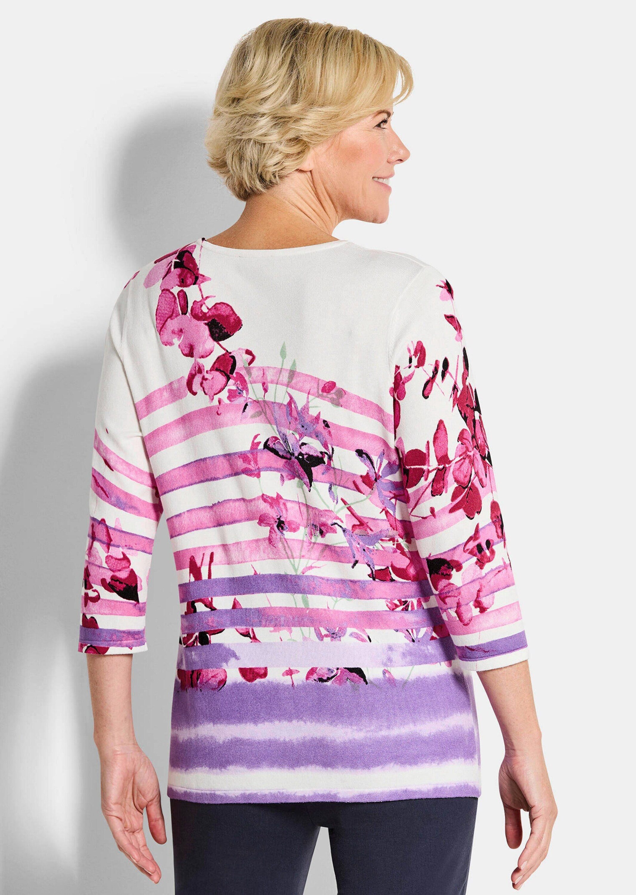 GOLDNER Strickpullover Florales Viskoseshirt mit Streifen Streifenpullover mit Rundhalsausschnitt und 3/4-Arm