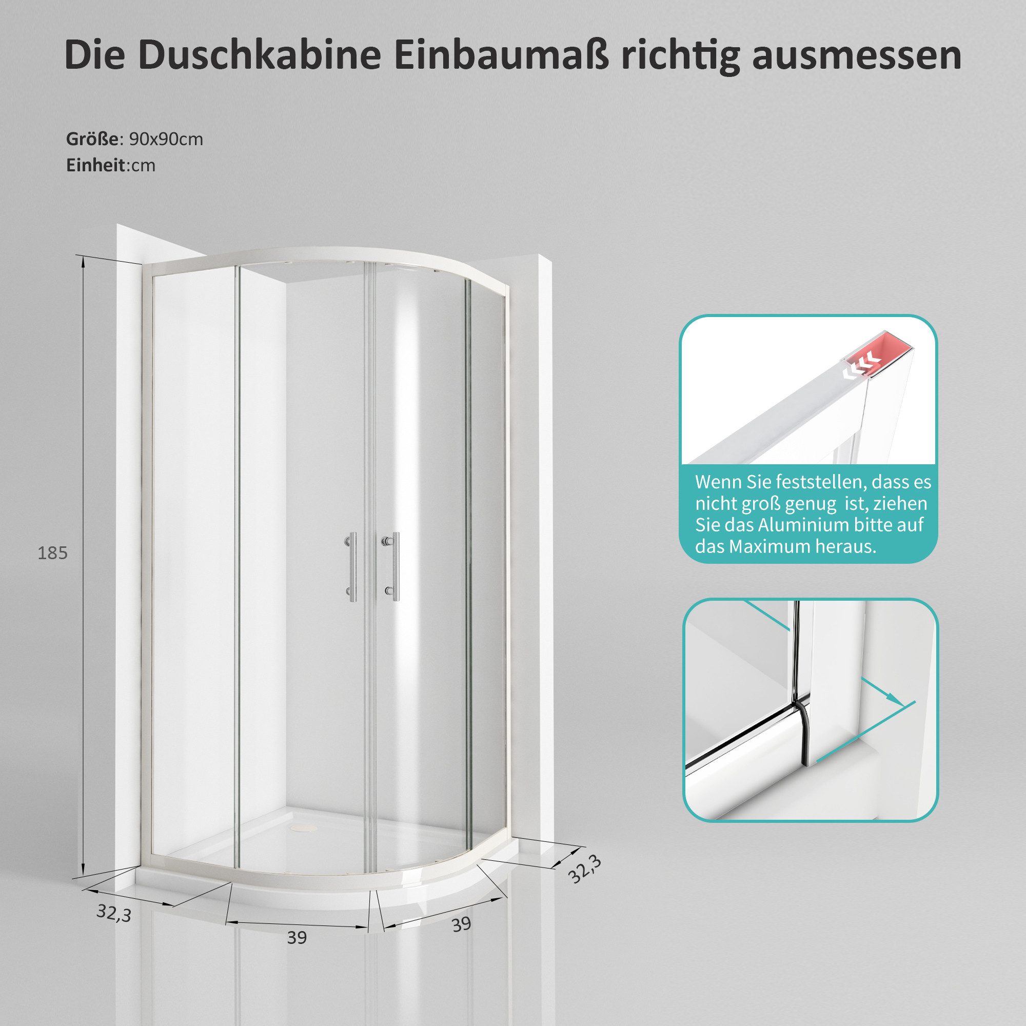 Hopibath Runddusche 90x90 Duschkabine Viertelkreis radius 55 cm Weiß, BxT: 90x90 cm, 5mm Sicherheitsglas, Schiebetür, mit Alurahmen, Magnetverschluss, (88-90)x(88-90)x185cm